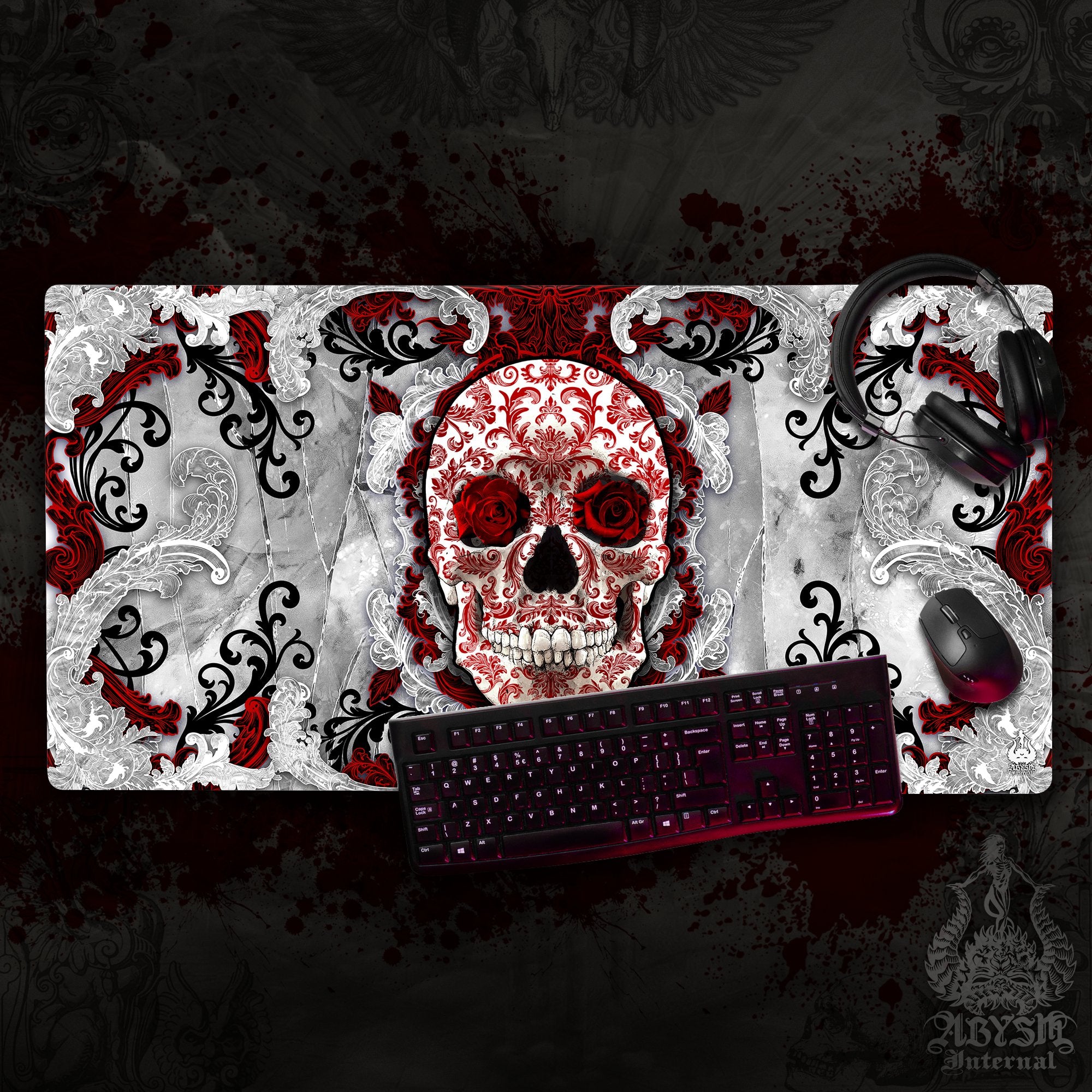 White Mouse Pad, Goth Gaming Desk Mat, Skull Workpad, Bloody Table Protector Cover, Art Print White Mouse Pad, Goth Gaming Desk Mat, Skull Workpad, Bloody Table Protector Cover, Art Print