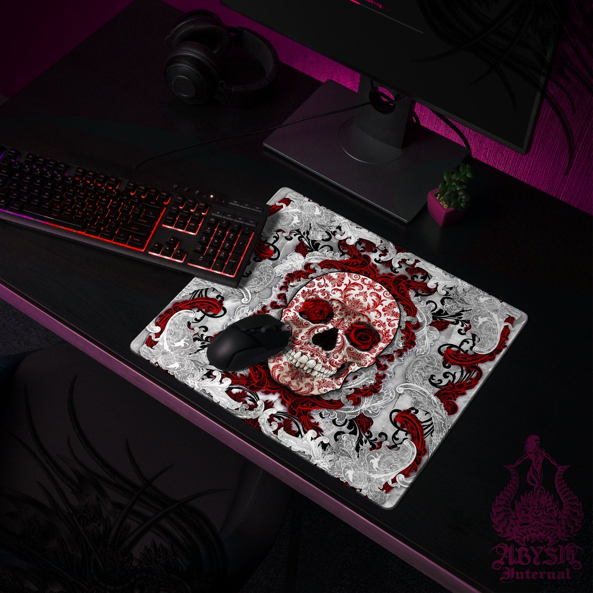 White Mouse Pad, Goth Gaming Desk Mat, Skull Workpad, Bloody Table Protector Cover, Art Print White Mouse Pad, Goth Gaming Desk Mat, Skull Workpad, Bloody Table Protector Cover, Art Print