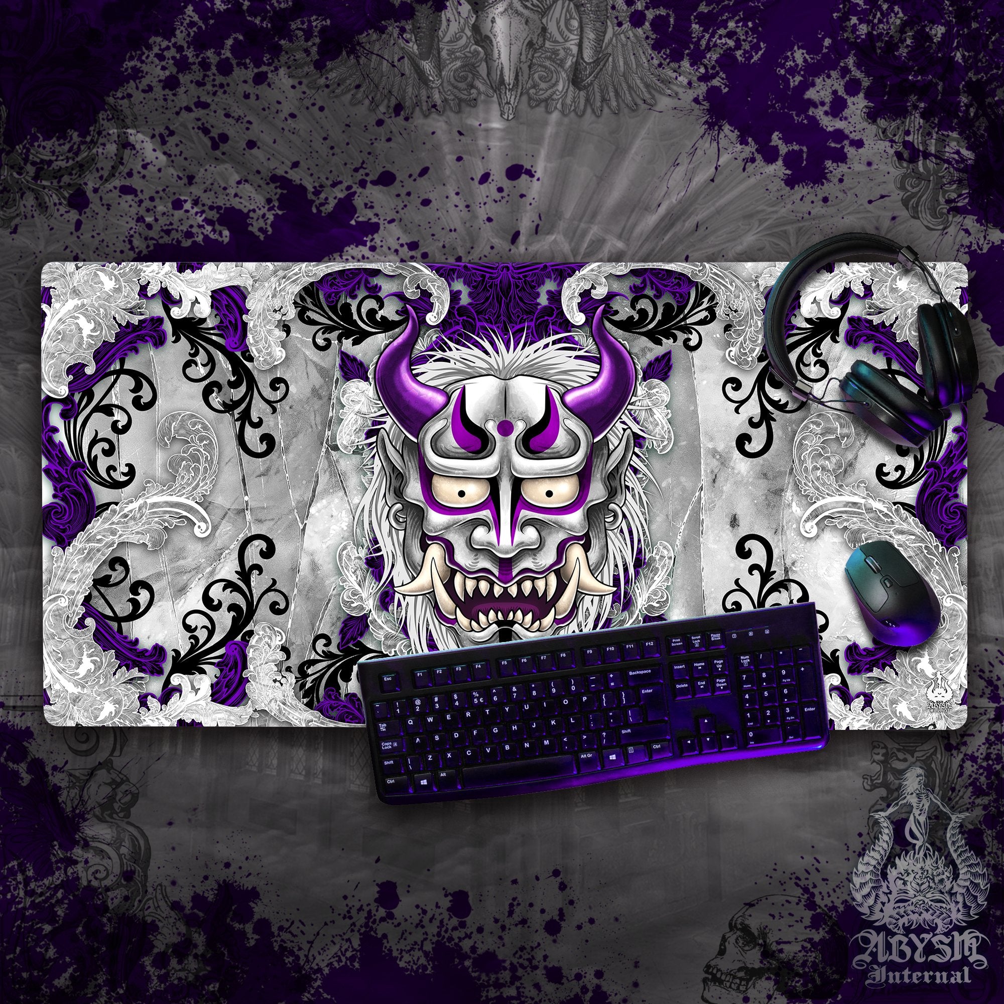 White Oni Gaming Mouse Pad, Japanese Demon Desk Mat, Gamer Table Protector Cover, Goth Purple Workpad, Anime Yokai Art Print – 2 Colors