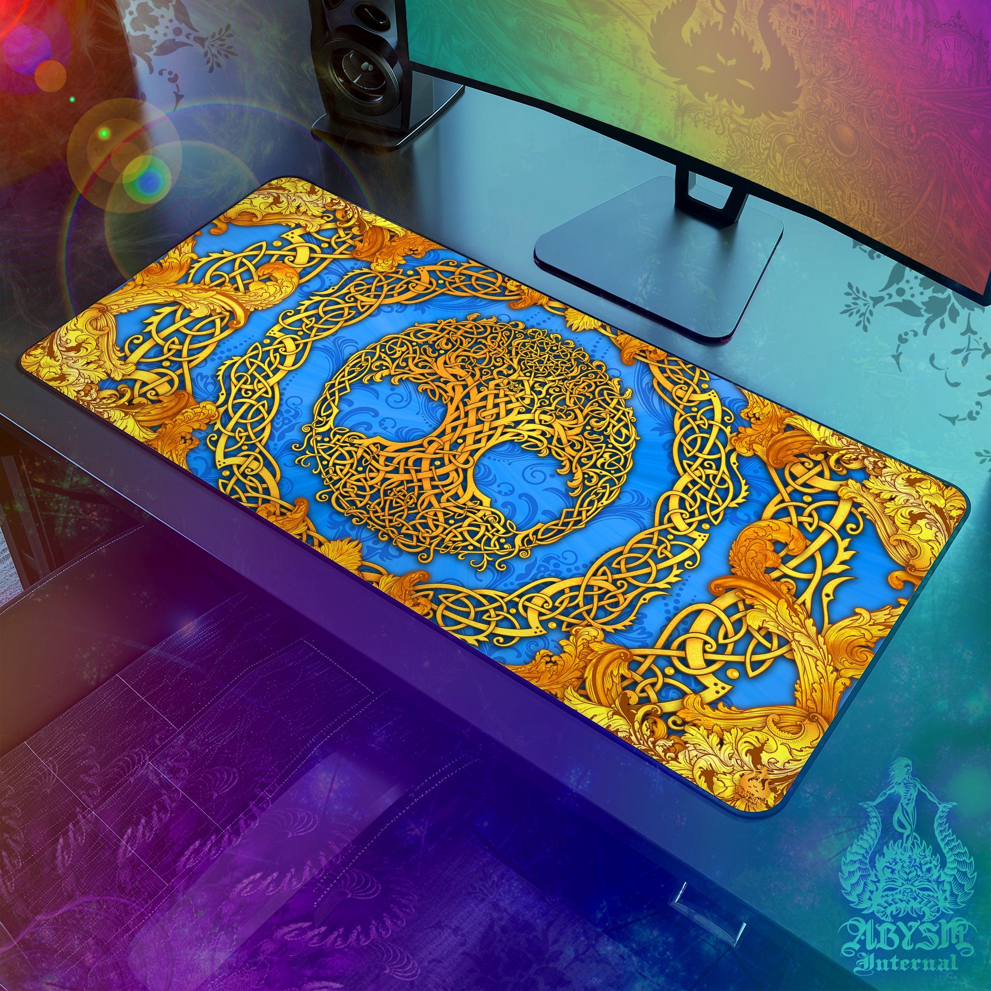 Wicca Desk Mat, Tree of Life Gaming Mouse Pad, Celtic Knotwork Table Protector Cover, Indie Workpad, Boho Art Print – Cyan Gold