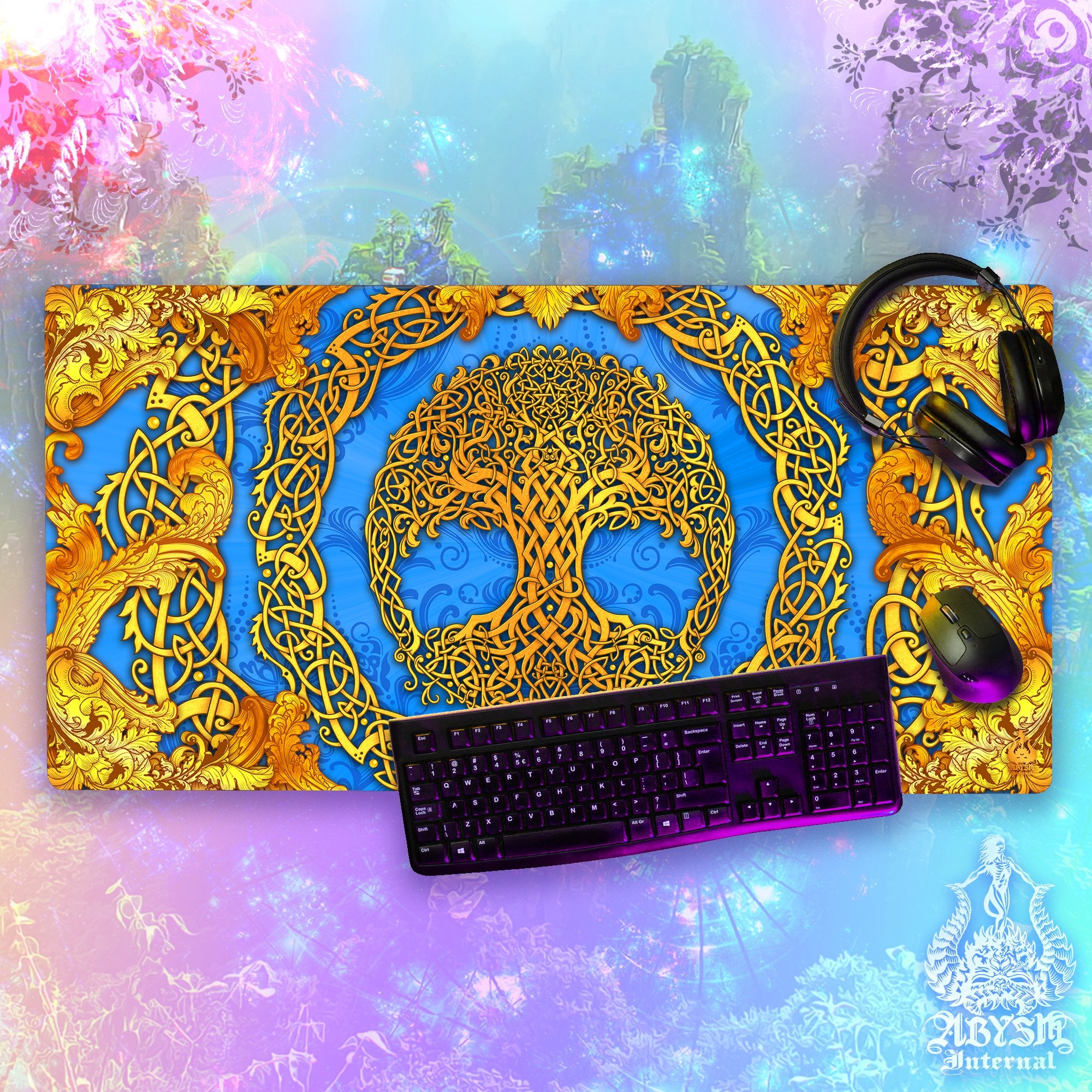 Wicca Desk Mat, Tree of Life Gaming Mouse Pad, Celtic Knotwork Table Protector Cover, Indie Workpad, Boho Art Print – Cyan Gold Wicca Desk Mat, Tree of Life Gaming Mouse Pad, Celtic Knotwork Table Protector Cover, Indie Workpad, Boho Art Print – Cyan Gold