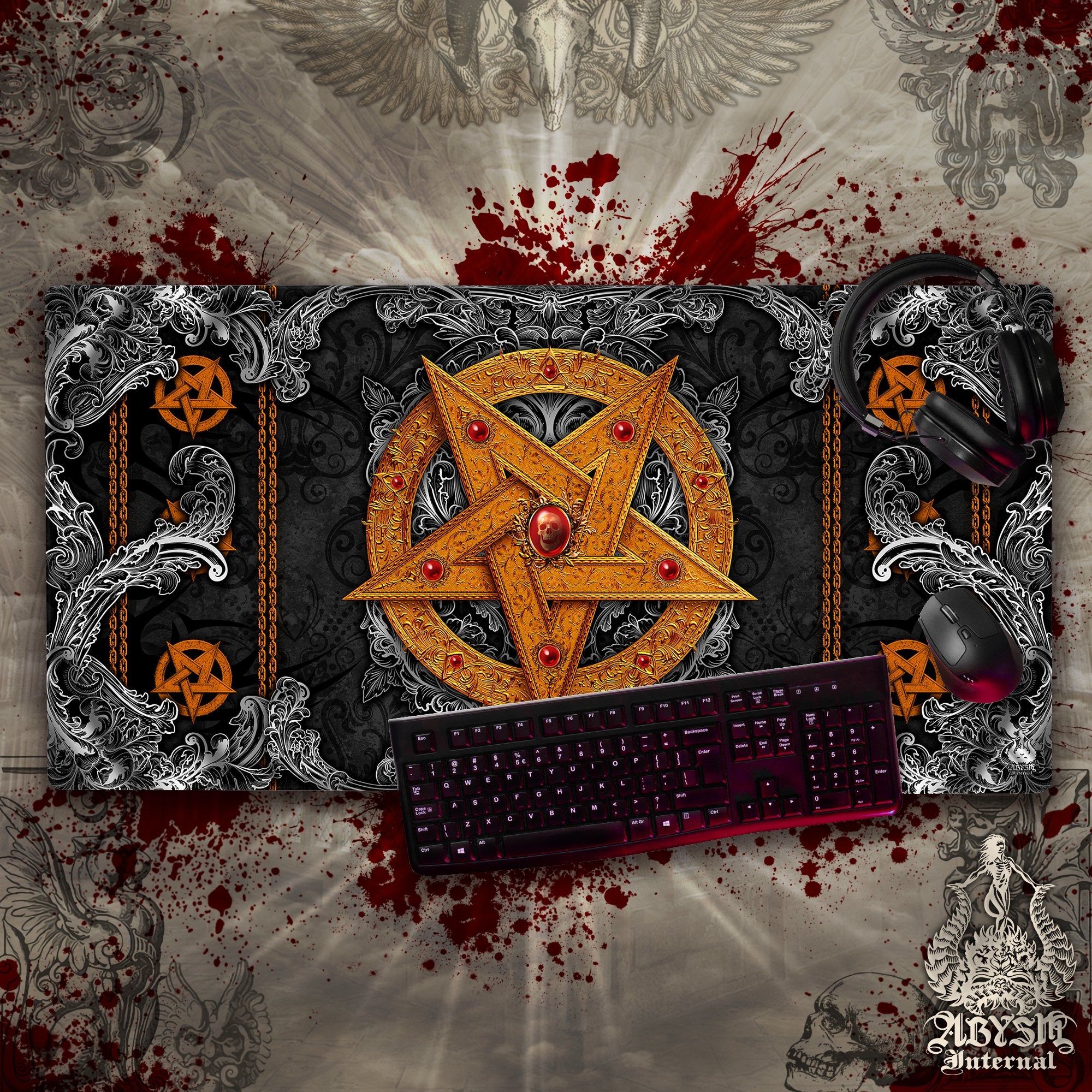 Witch Mouse Pad, Gold Pentagram Gaming Desk Mat, Witch Workpad, Goth Table Protector Cover, Satanic Art Print – 4 Options