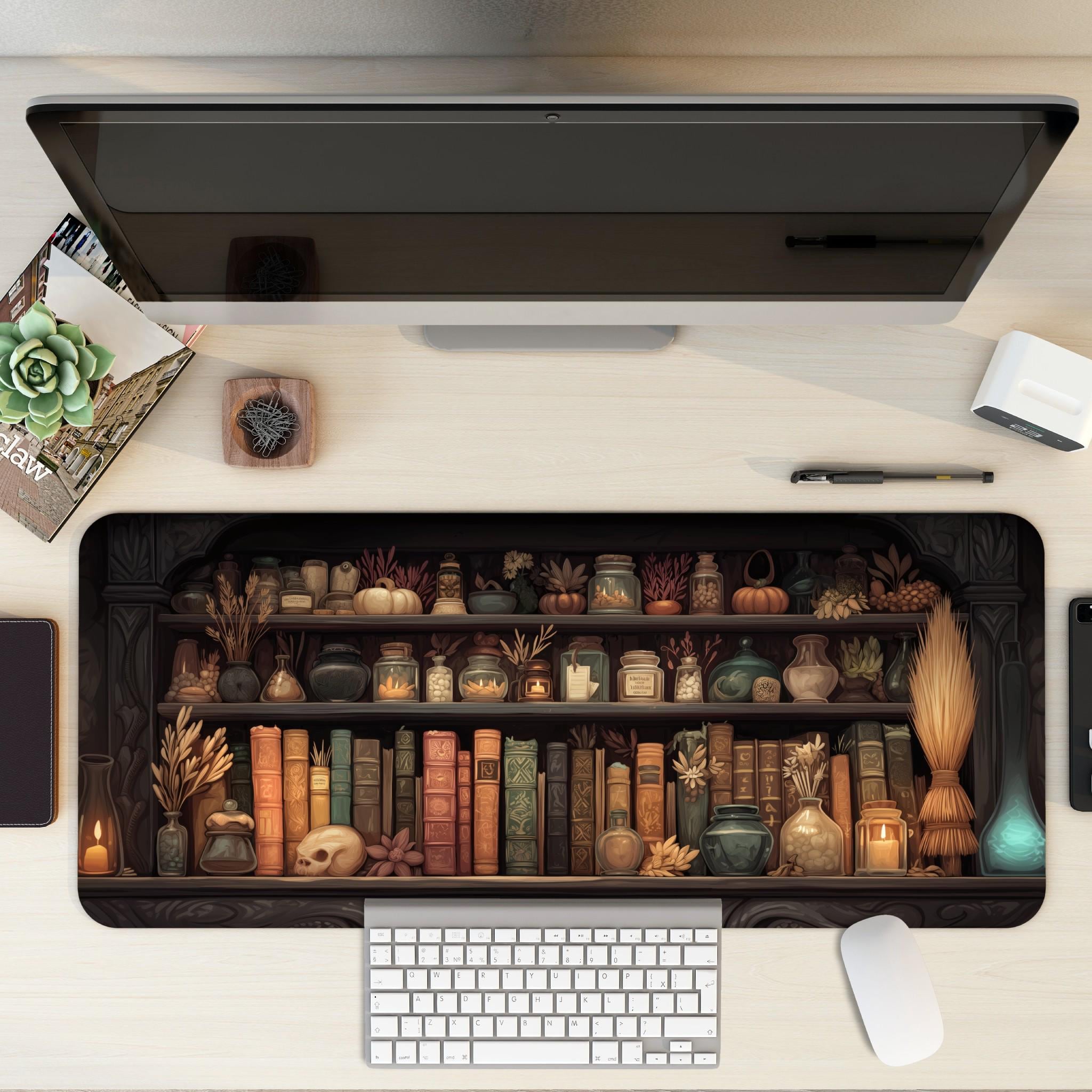 Witchy Apothecary Desk Mat  Dark Academia, Mystical Bookshelf Desk Pad