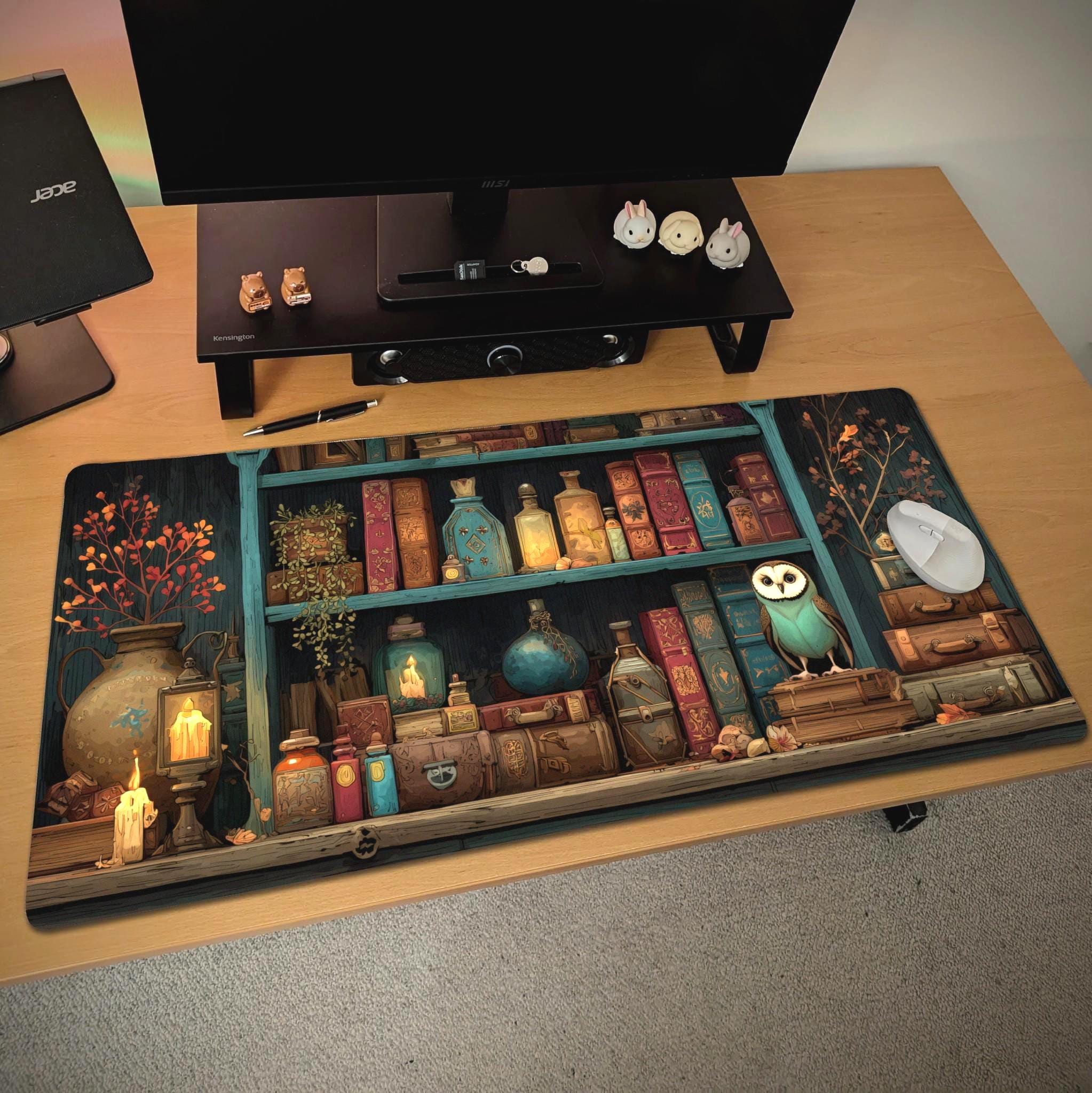 Witchy Bookshelf Desk Mat  Dark Cottagecore Owl, Potion Mouse Pad, Dark Academia
