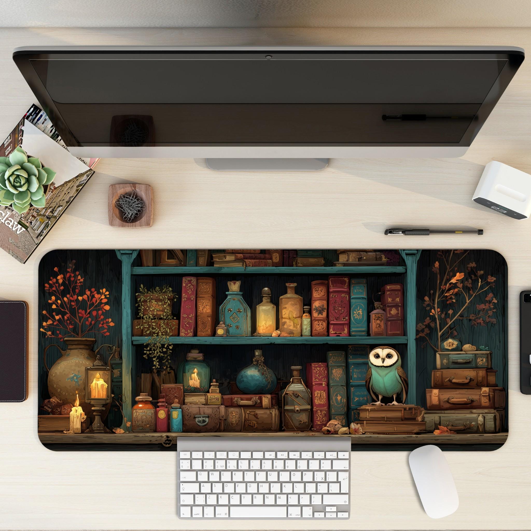 Witchy Bookshelf Desk Mat Dark Cottagecore Owl, Potion Mouse Pad, Dark Academia Witchy Bookshelf Desk Mat Dark Cottagecore Owl, Potion Mouse Pad, Dark Academia