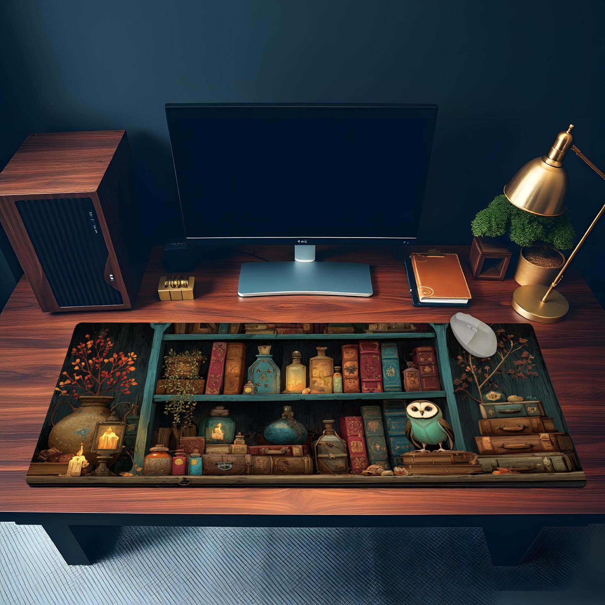 Witchy Bookshelf Desk Mat Dark Cottagecore Owl, Potion Mouse Pad, Dark Academia Witchy Bookshelf Desk Mat Dark Cottagecore Owl, Potion Mouse Pad, Dark Academia