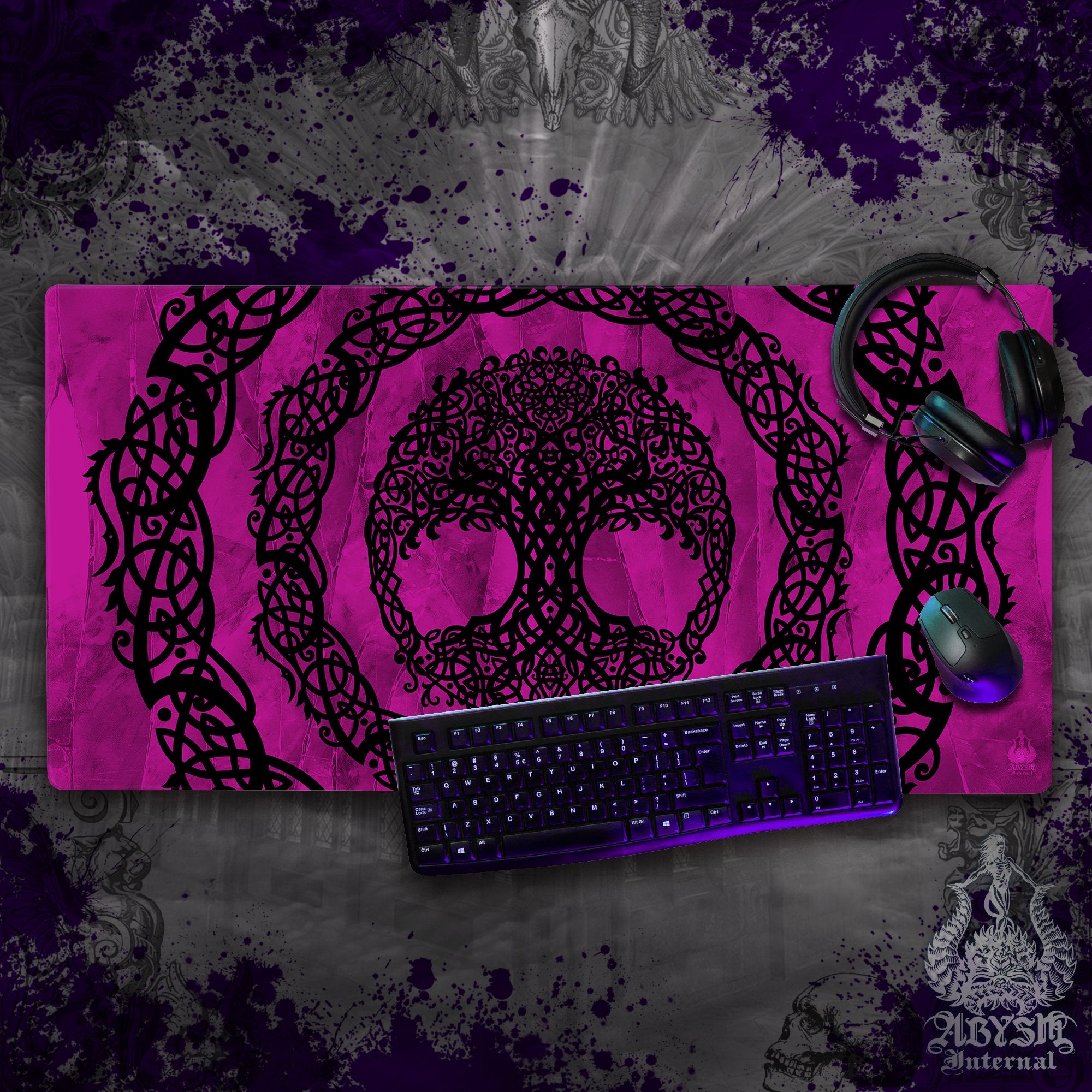 Witchy Gaming Mouse Pad, Tree of Life Desk Mat, Wicca Table Protector Cover, Celtic Knotwork Workpad, Whimsigoth Art Print – Pastel Goth, Pink and Purple Black, 2 Colors
