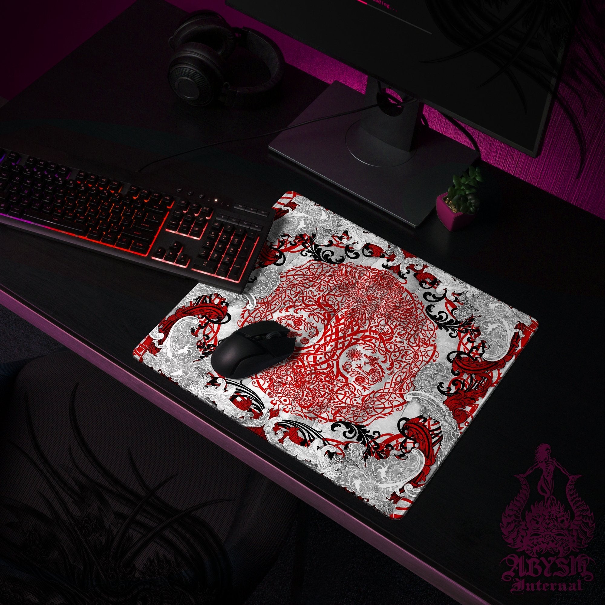 Yggdrasil Desk Mat, Nordic Tree of Life Gaming Mouse Pad, Norse Table Protector Cover, Knotwork Workpad, Viking Art Print – Bloody White Goth