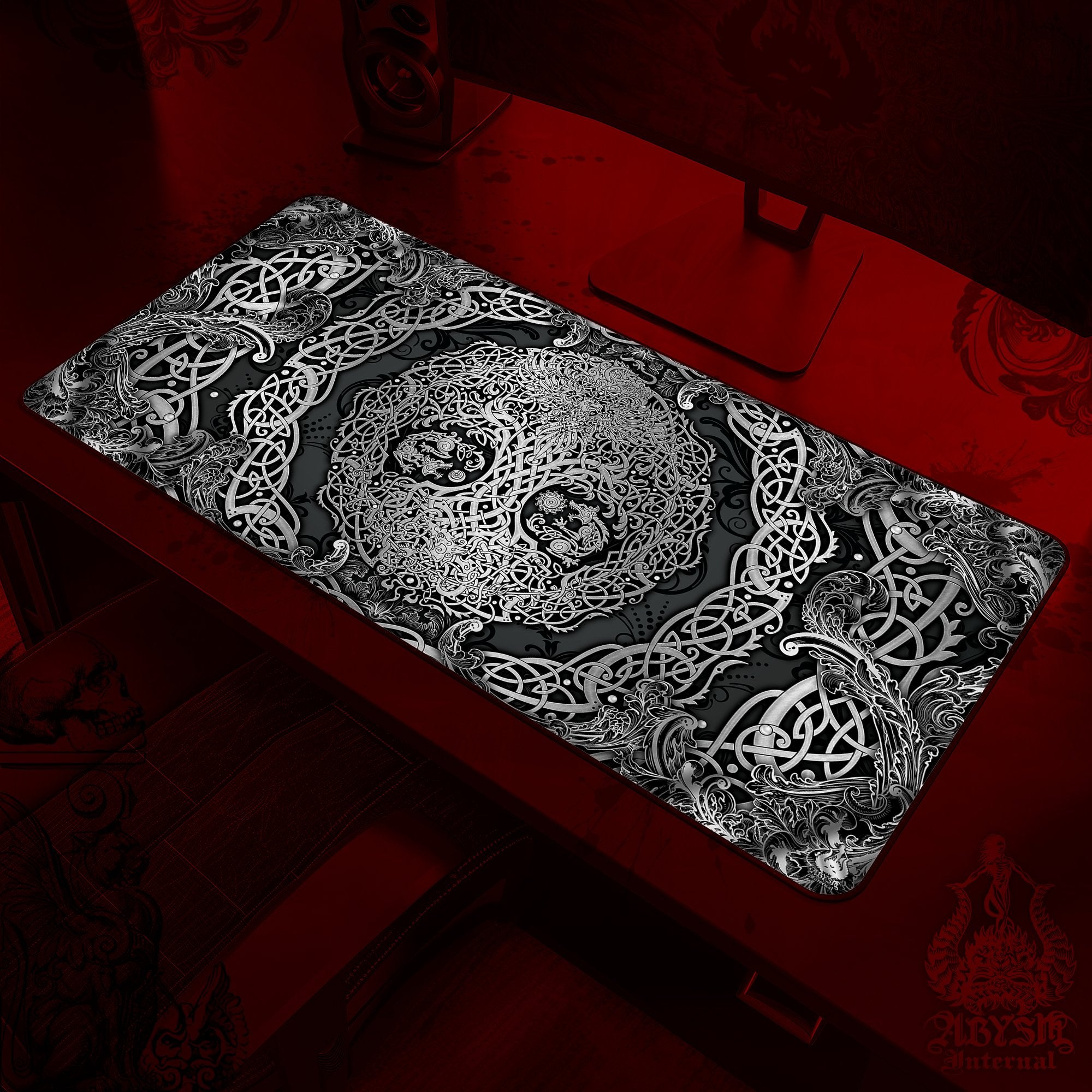 Yggdrasil Gaming Desk Mat, Nordic Tree of Life Mouse Pad, Norse Table Protector Cover, Knotwork Workpad, Viking Art Print – Dark