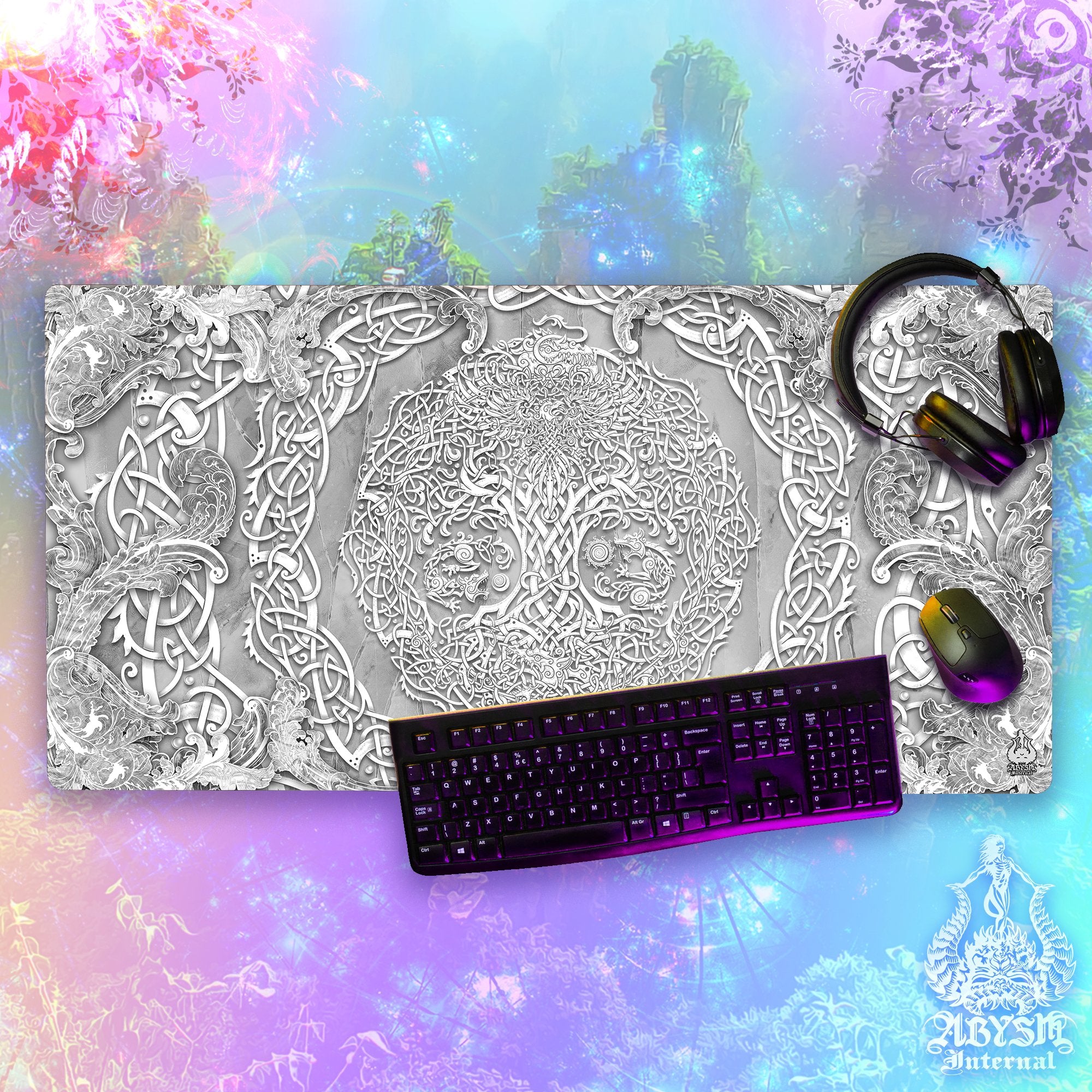 Yggdrasil Gaming Desk Mat, Viking Mouse Pad, Norse Tree of Life Table Protector Cover, Knotwork Workpad, Nordic Art Print – Stone, Paper, Cream, 3 Colors