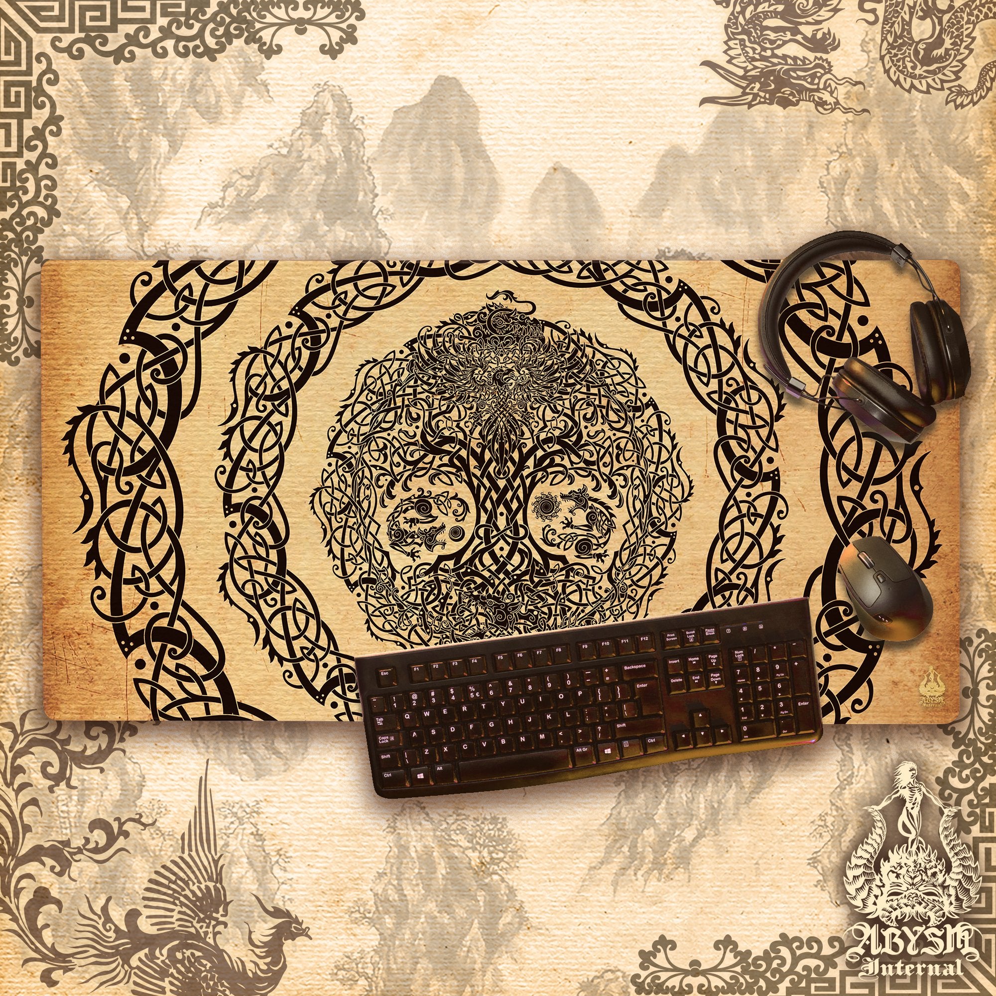 Yggdrasil Gaming Desk Mat, Viking Mouse Pad, Norse Tree of Life Table Protector Cover, Knotwork Workpad, Nordic Art Print – Stone, Paper, Cream, 3 Colors Yggdrasil Gaming Desk Mat, Viking Mouse Pad, Norse Tree of Life Table Protector Cover, Knotwork Workpad, Nordic Art Print – Stone, Paper, Cream, 3 Colors