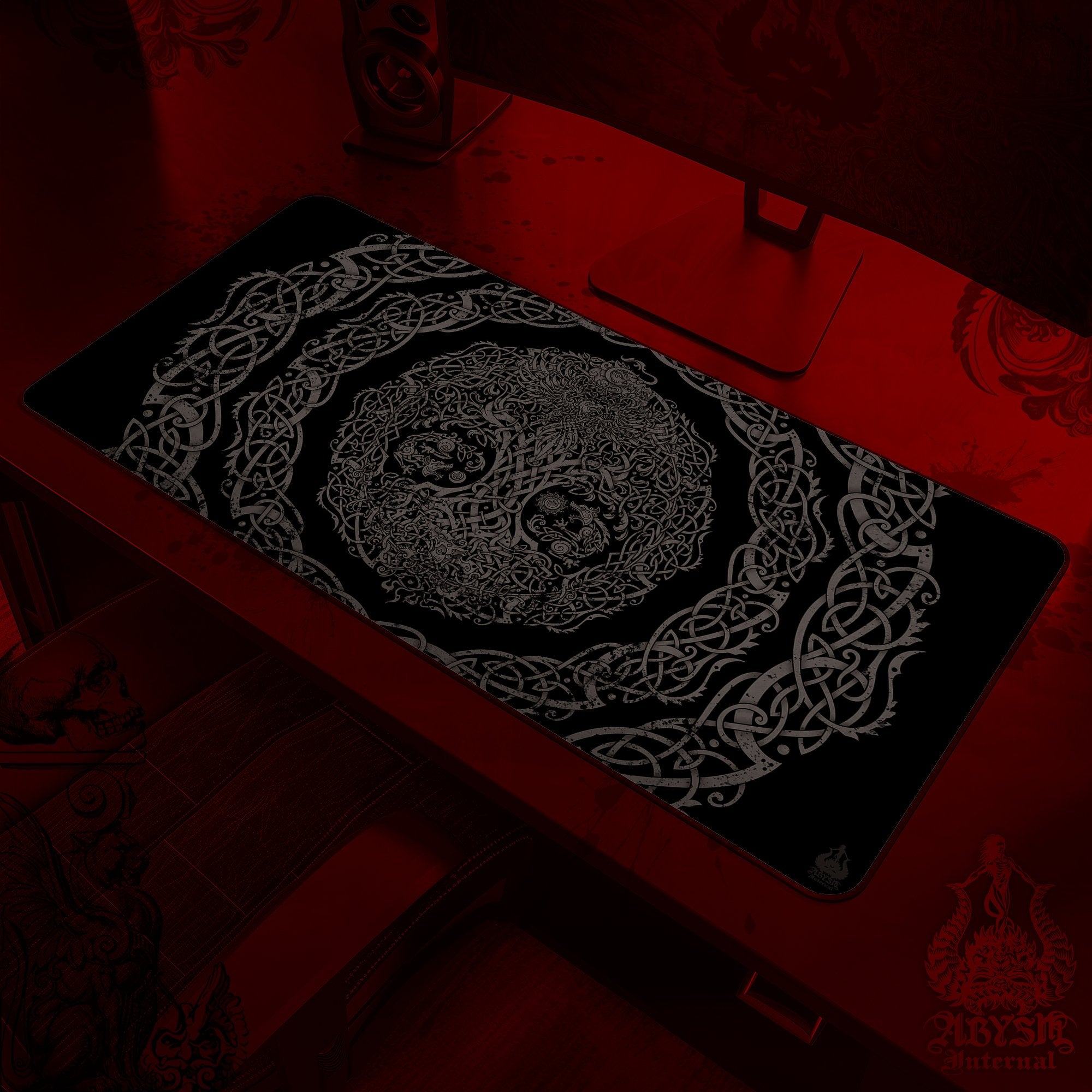 Yggdrasil Gaming Mouse Pad, Nordic Tree of Life Desk Mat, Norse Table Protector Cover, Knotwork Workpad, Viking Art Print – Black Grey Grit