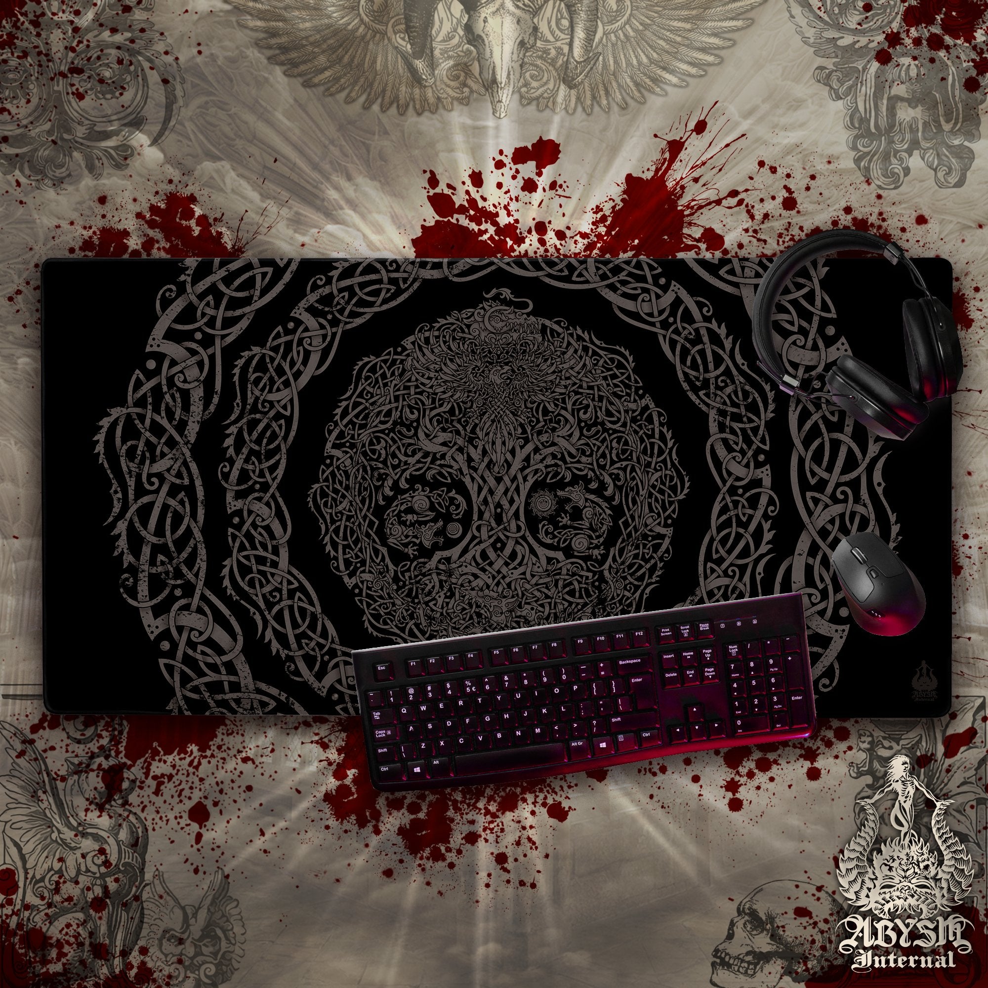 Yggdrasil Gaming Mouse Pad, Nordic Tree of Life Desk Mat, Norse Table Protector Cover, Knotwork Workpad, Viking Art Print – Black Grey Grit Yggdrasil Gaming Mouse Pad, Nordic Tree of Life Desk Mat, Norse Table Protector Cover, Knotwork Workpad, Viking Art Print – Black Grey Grit