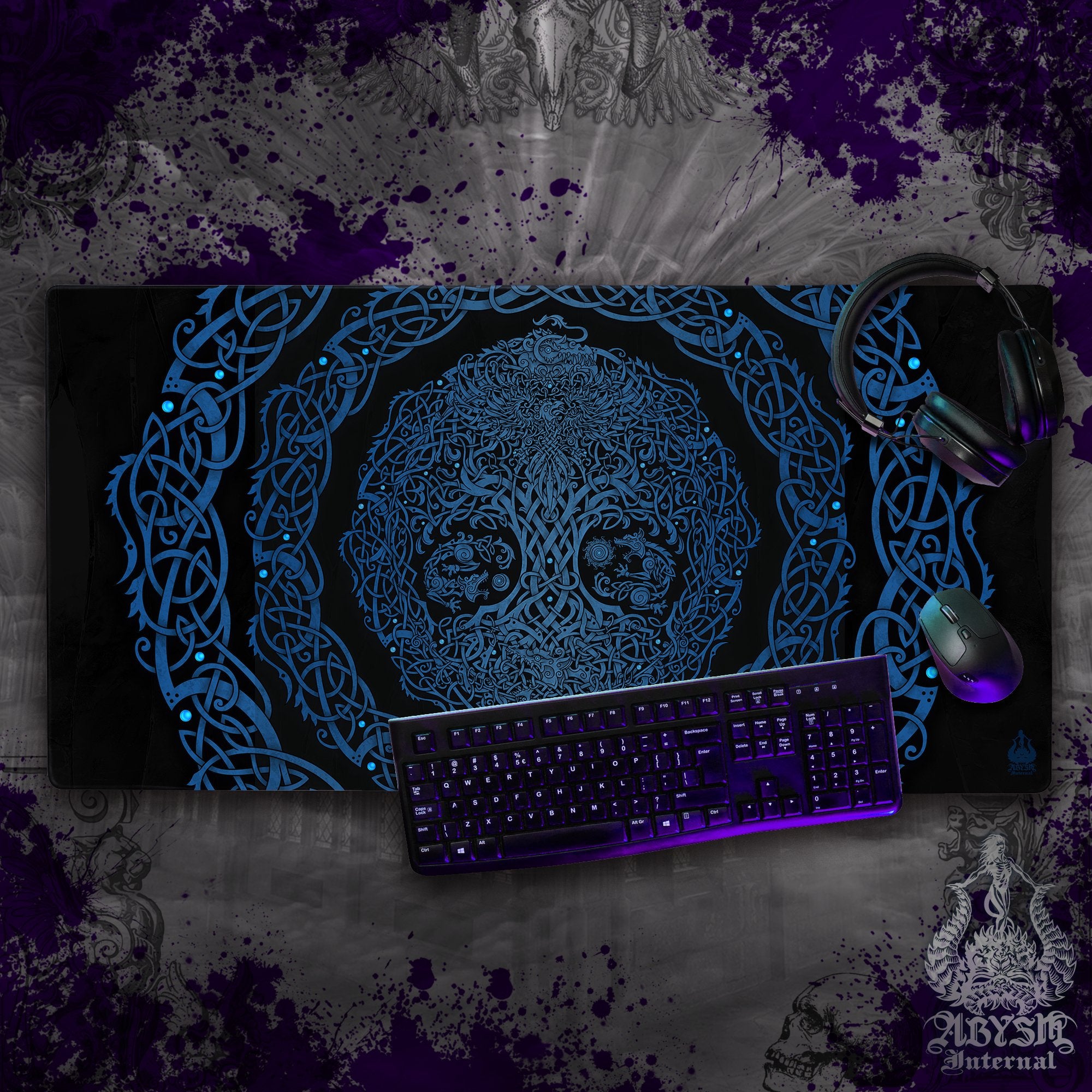 Yggdrasil Gaming Mouse Pad, Viking Desk Mat, Norse Tree of Life Table Protector Cover, Knotwork Workpad, Nordic Art Print – Blue, Black, Ice, Pastel Goth, 3 Colors