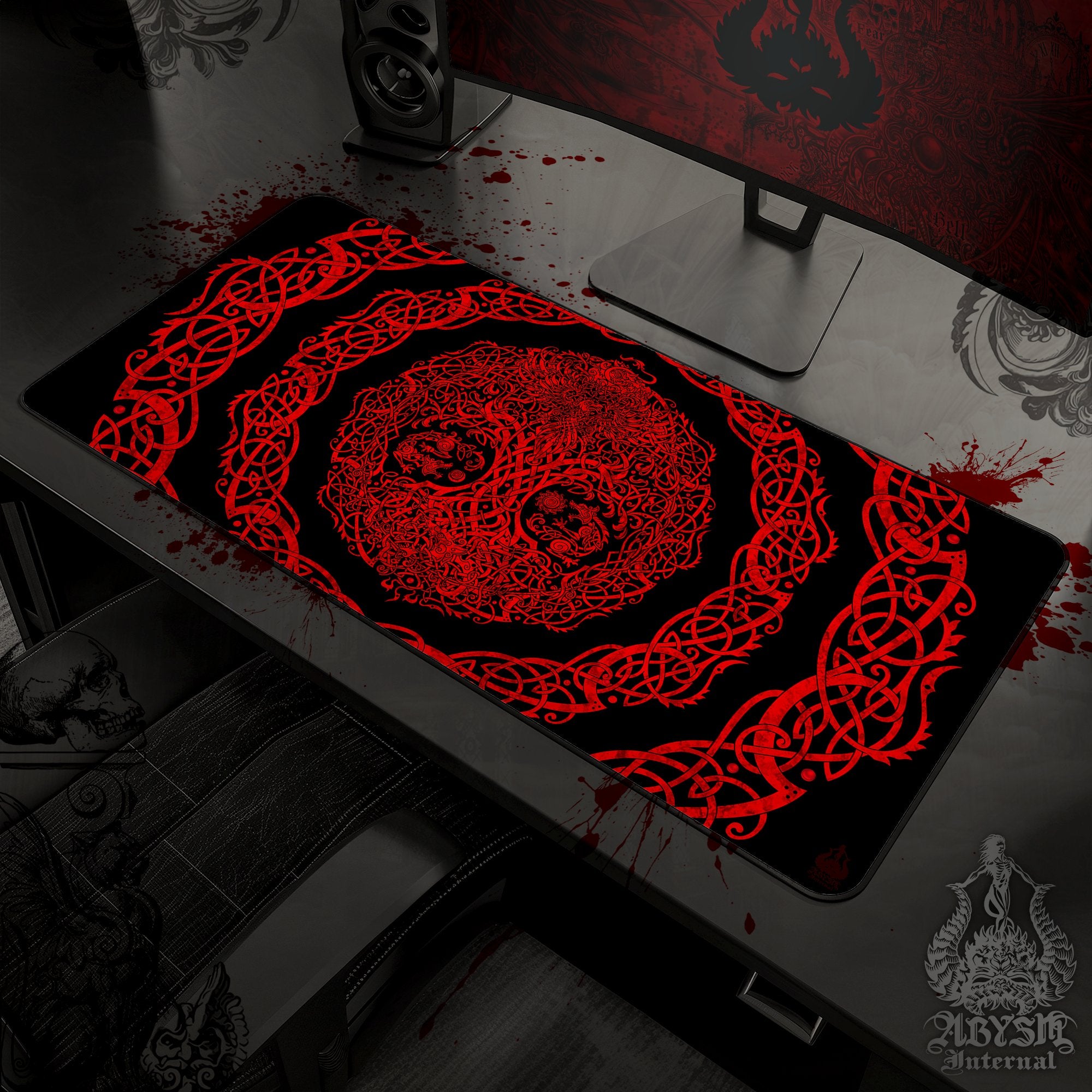Yggdrasil Mouse Pad, Nordic Tree of Life Gaming Desk Mat, Norse Workpad, Knotwork Table Protector Cover, Viking Art Print – Black Red