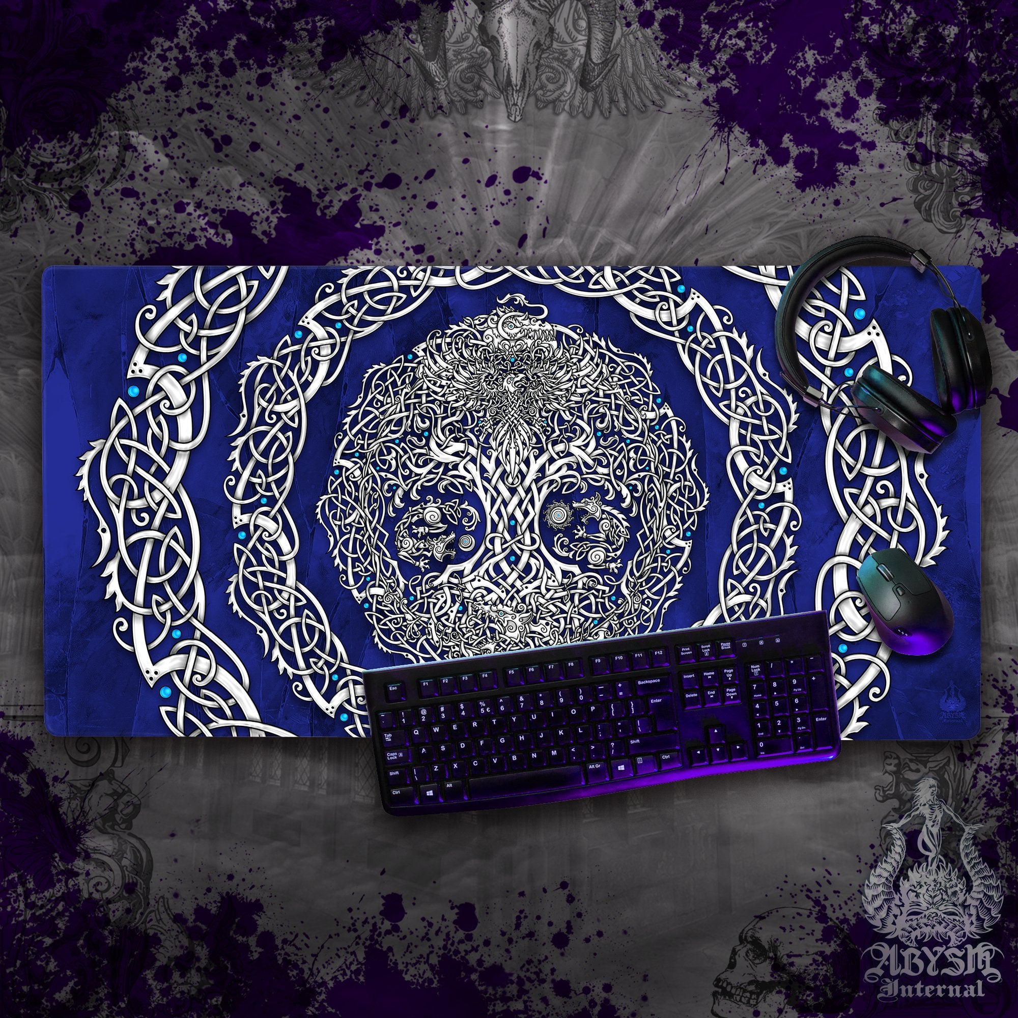 Yggdrasil Mouse Pad, Viking Gaming Desk Mat, Norse Tree of Life Workpad, Knotwork Table Protector Cover, Nordic Art Print – 3 Colors