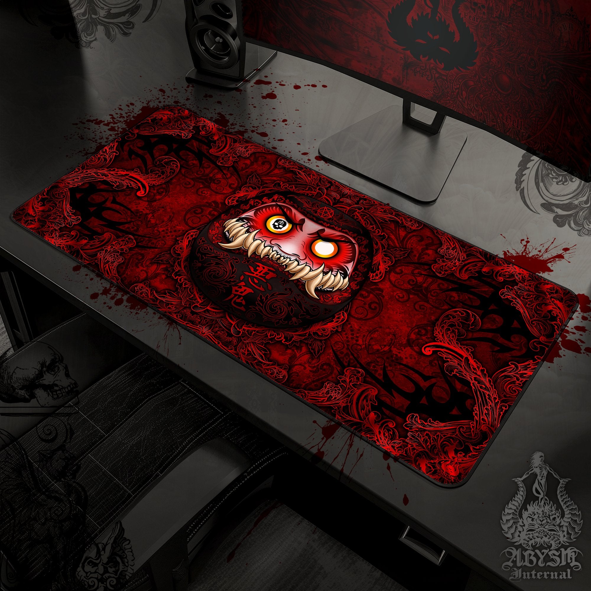 Youkai Desk Mat, Demon Daruma Gaming Mouse Pad, Bloody Gothic Table Protector Cover, Red Black Workpad, Anime and Manga Art Print