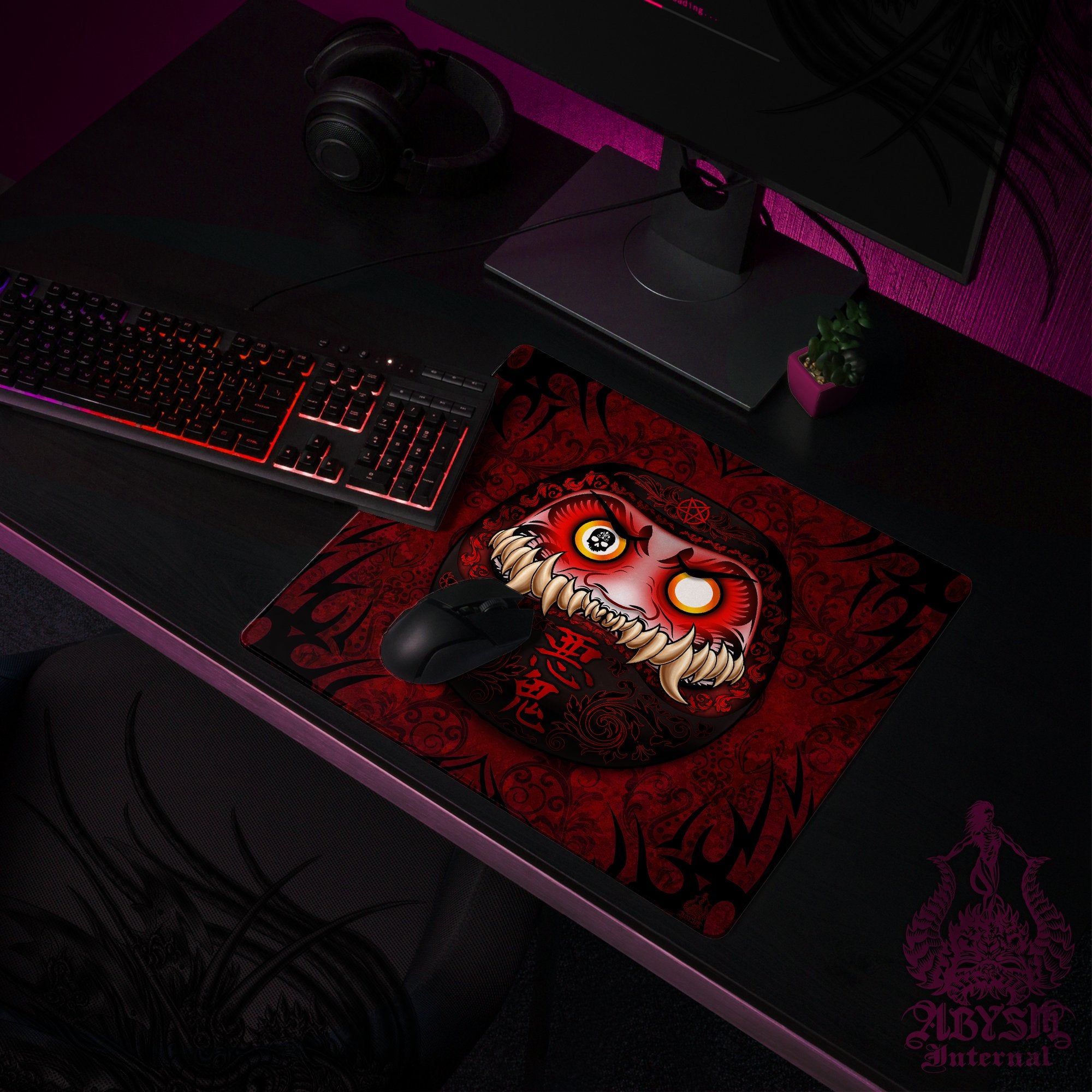 Youkai Desk Mat, Demon Daruma Gaming Mouse Pad, Bloody Gothic Table Protector Cover, Red Black Workpad, Anime and Manga Art Print Youkai Desk Mat, Demon Daruma Gaming Mouse Pad, Bloody Gothic Table Protector Cover, Red Black Workpad, Anime and Manga Art Print