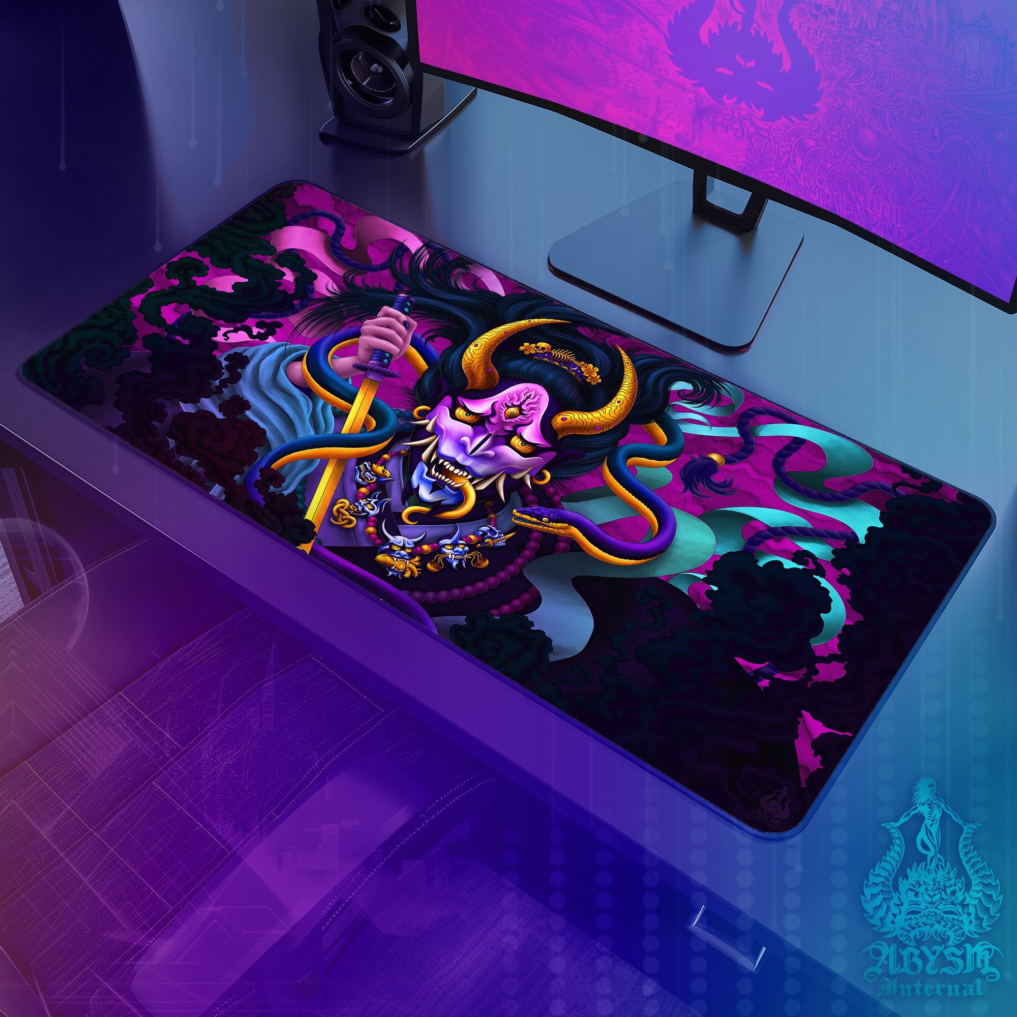 Youkai Desk Mat, Japanese Demon Gaming Mouse Pad, Hannya Table Protector Cover, Pastel Black Workpad, Fantasy Anime and Manga Art Print – Snake