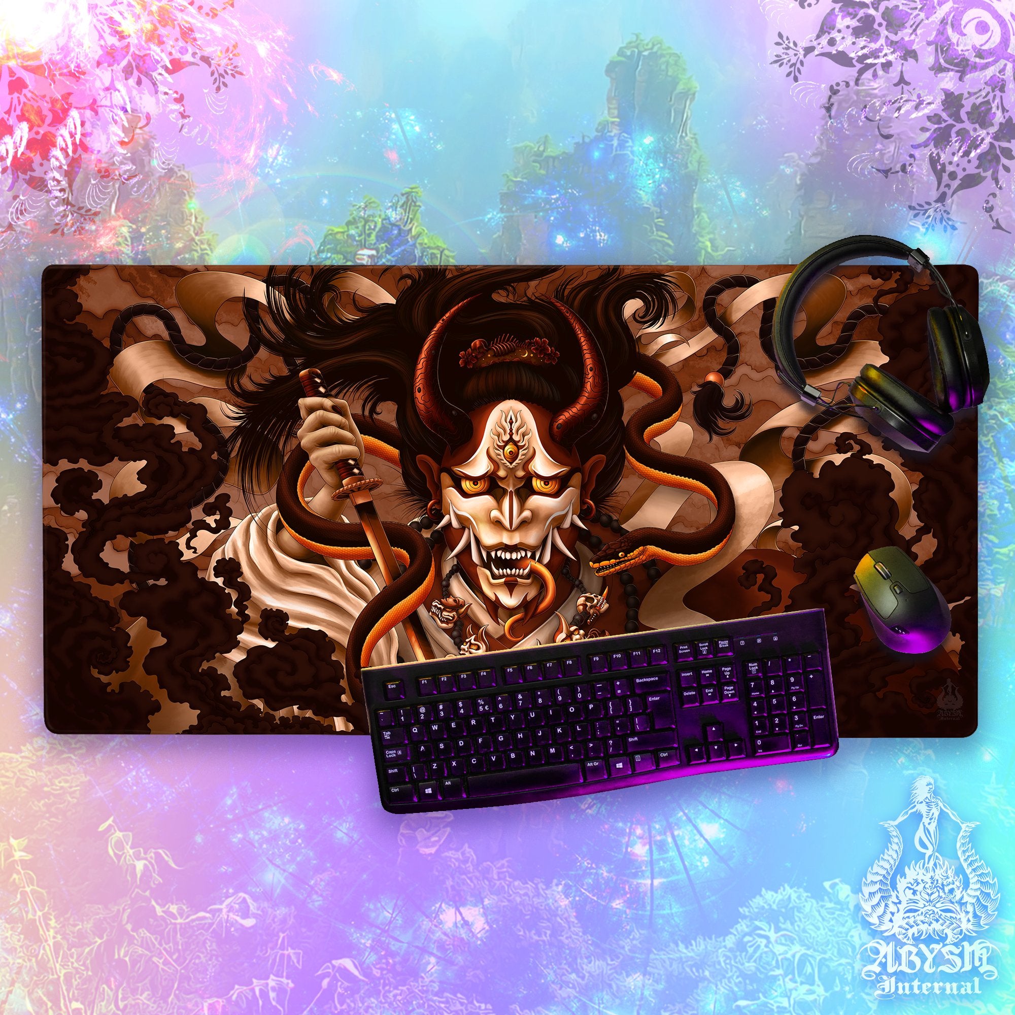 Youkai Gaming Desk Mat, Japanese Demon Mouse Pad, Hannya Table Protector Cover, Cream Workpad, Fantasy Anime and Manga Art Print – Snake Youkai Gaming Desk Mat, Japanese Demon Mouse Pad, Hannya Table Protector Cover, Cream Workpad, Fantasy Anime and Manga Art Print – Snake