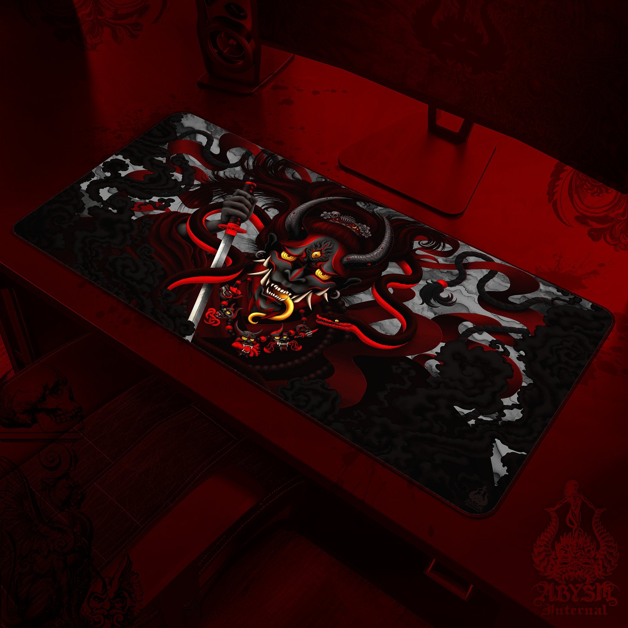 Youkai Gaming Mouse Pad, Japanese Demon Desk Mat, Hannya Table Protector Cover, Gothic Workpad, Fantasy Anime and Manga Art Print – Black Red Snake