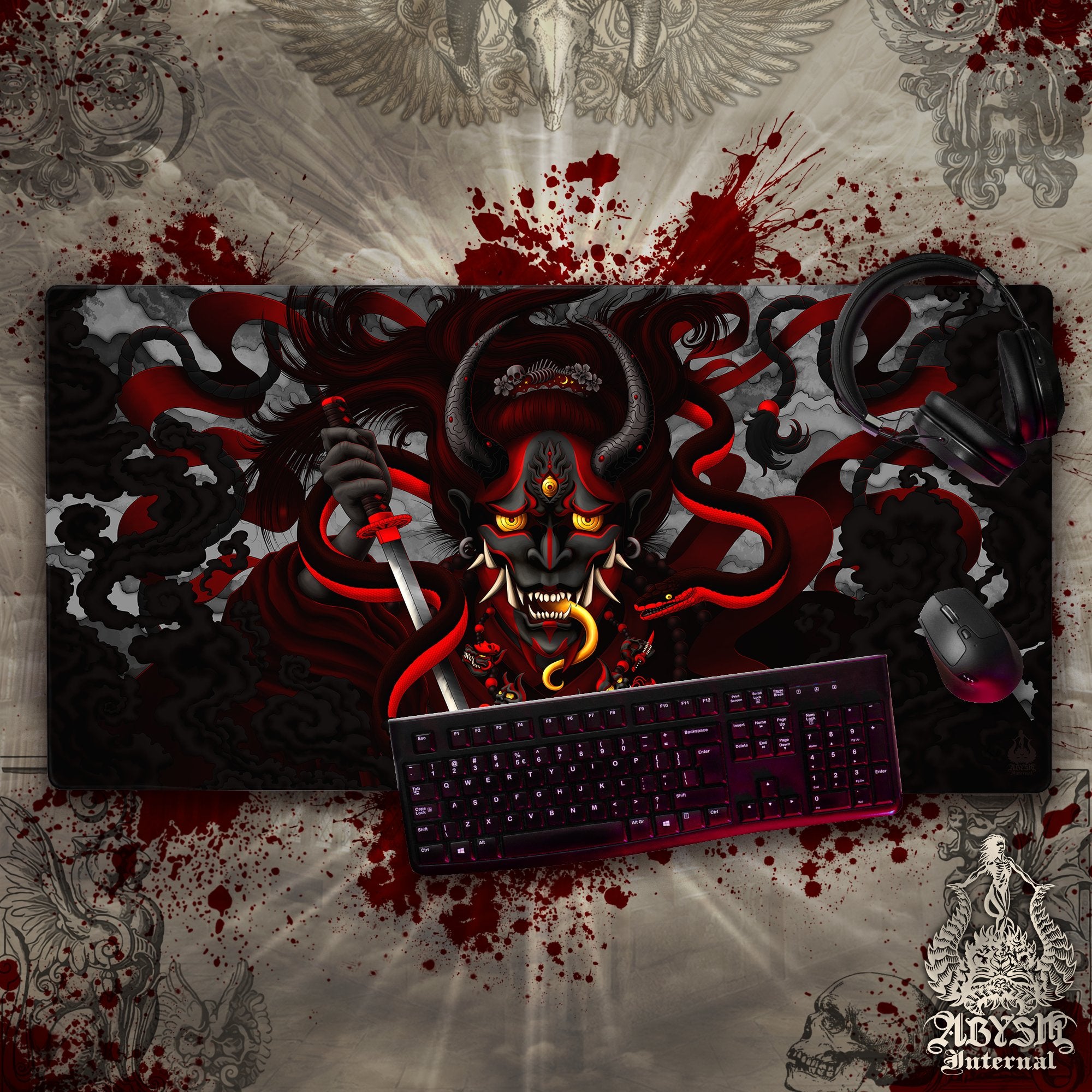 Youkai Gaming Mouse Pad, Japanese Demon Desk Mat, Hannya Table Protector Cover, Gothic Workpad, Fantasy Anime and Manga Art Print – Black Red Snake Youkai Gaming Mouse Pad, Japanese Demon Desk Mat, Hannya Table Protector Cover, Gothic Workpad, Fantasy Anime and Manga Art Print – Black Red Snake