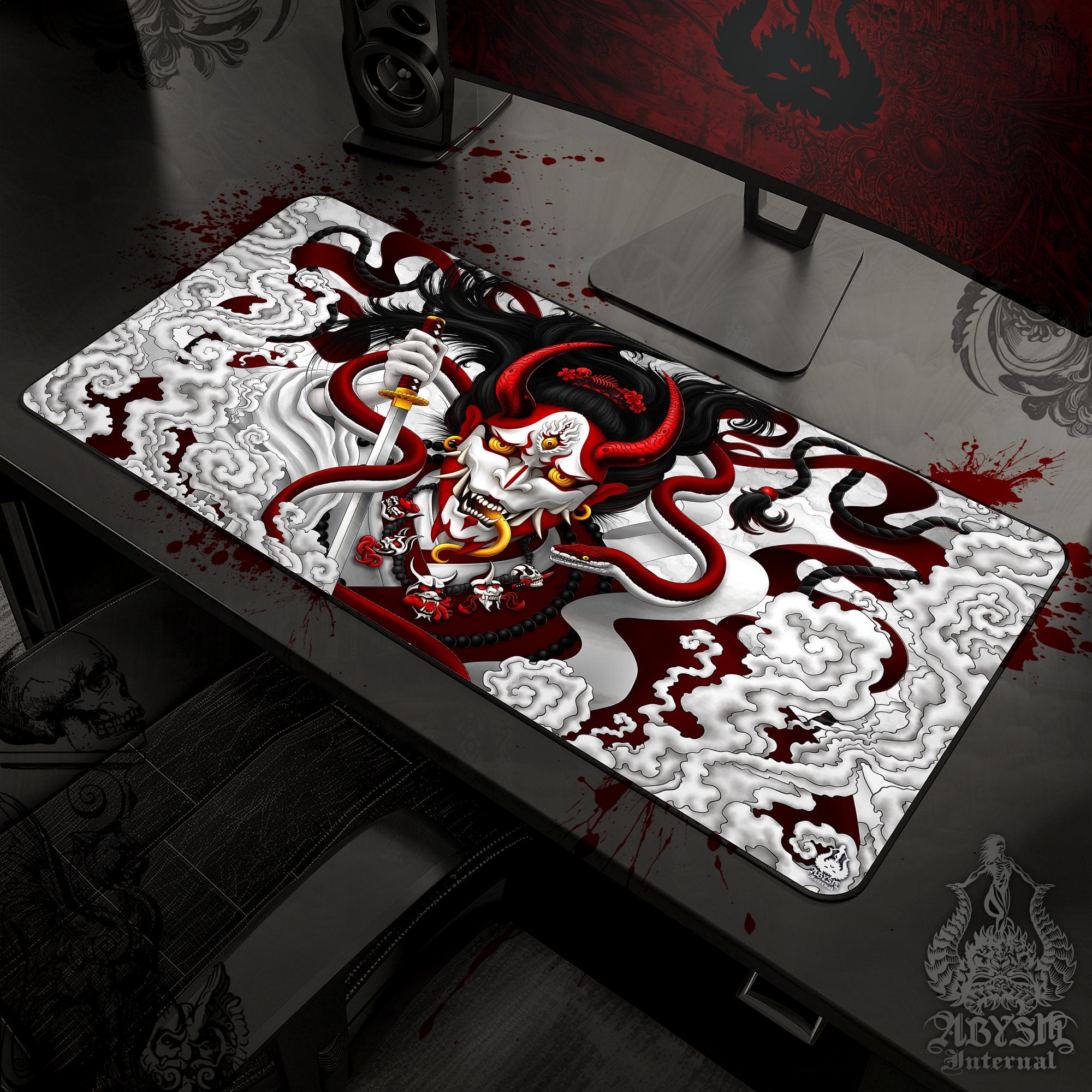 Youkai Mouse Pad, Japanese Demon Gaming Desk Mat, Hannya Workpad, White Goth Red Table Protector Cover, Fantasy Anime and Manga Art Print – Snake