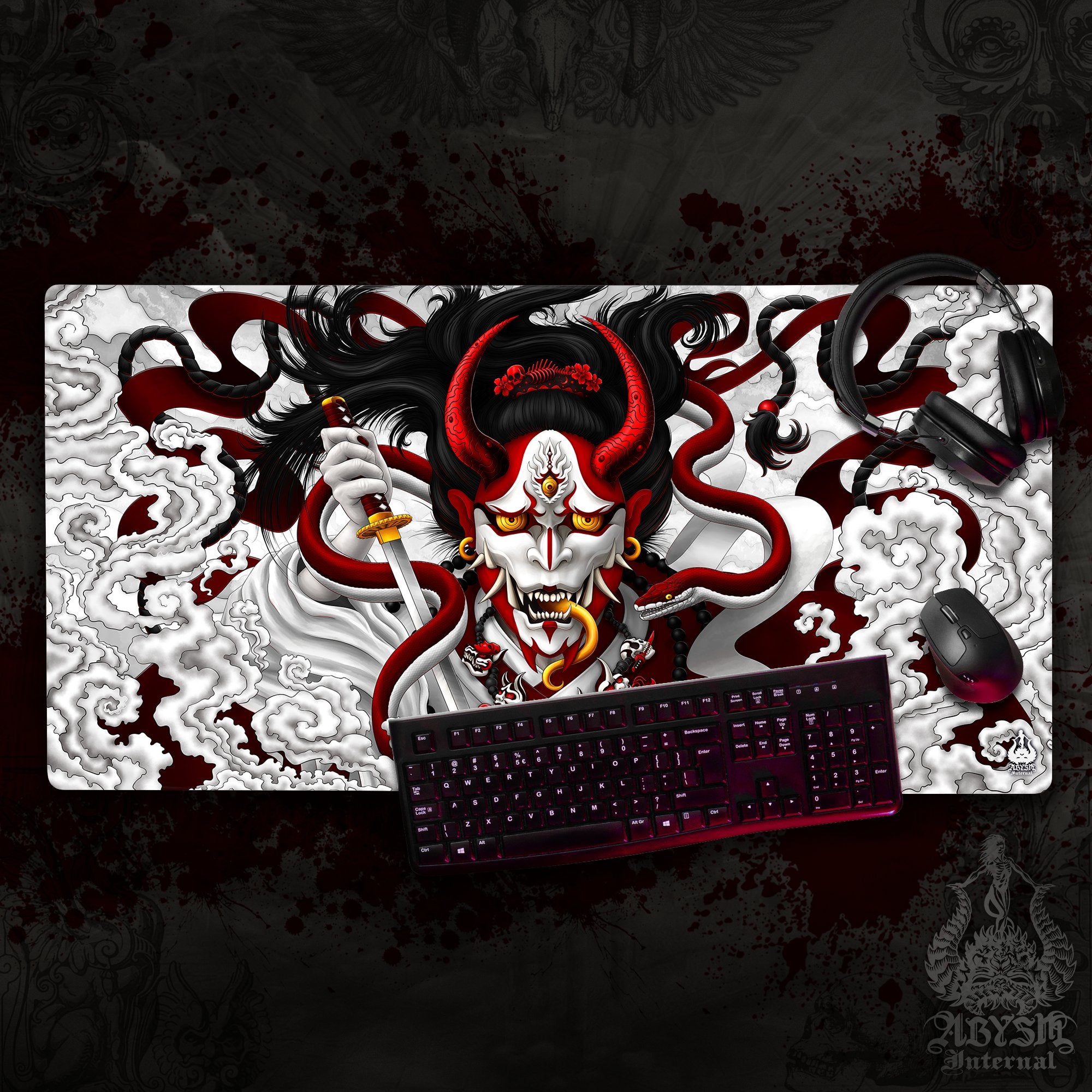 Youkai Mouse Pad, Japanese Demon Gaming Desk Mat, Hannya Workpad, White Goth Red Table Protector Cover, Fantasy Anime and Manga Art Print – Snake Youkai Mouse Pad, Japanese Demon Gaming Desk Mat, Hannya Workpad, White Goth Red Table Protector Cover, Fantasy Anime and Manga Art Print – Snake