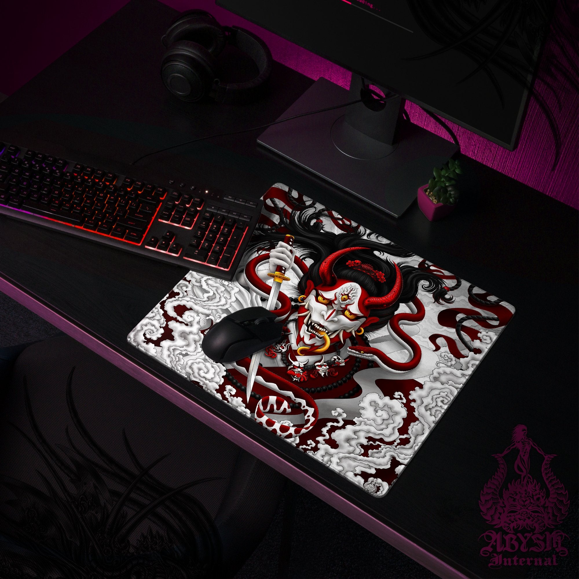 Youkai Mouse Pad, Japanese Demon Gaming Desk Mat, Hannya Workpad, White Goth Red Table Protector Cover, Fantasy Anime and Manga Art Print – Snake Youkai Mouse Pad, Japanese Demon Gaming Desk Mat, Hannya Workpad, White Goth Red Table Protector Cover, Fantasy Anime and Manga Art Print – Snake