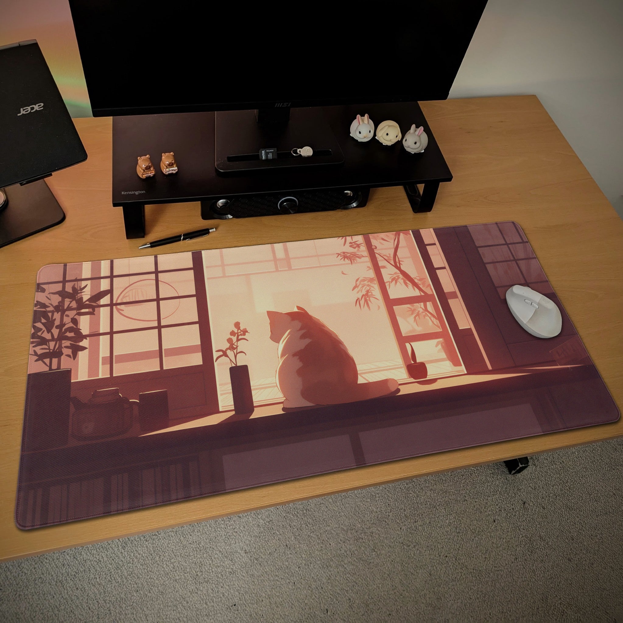 Zen Cat Sunset Desk Mat  Large Minimalist Mouse Pad for Peaceful Workspace  Japanese-Inspired Office Decor