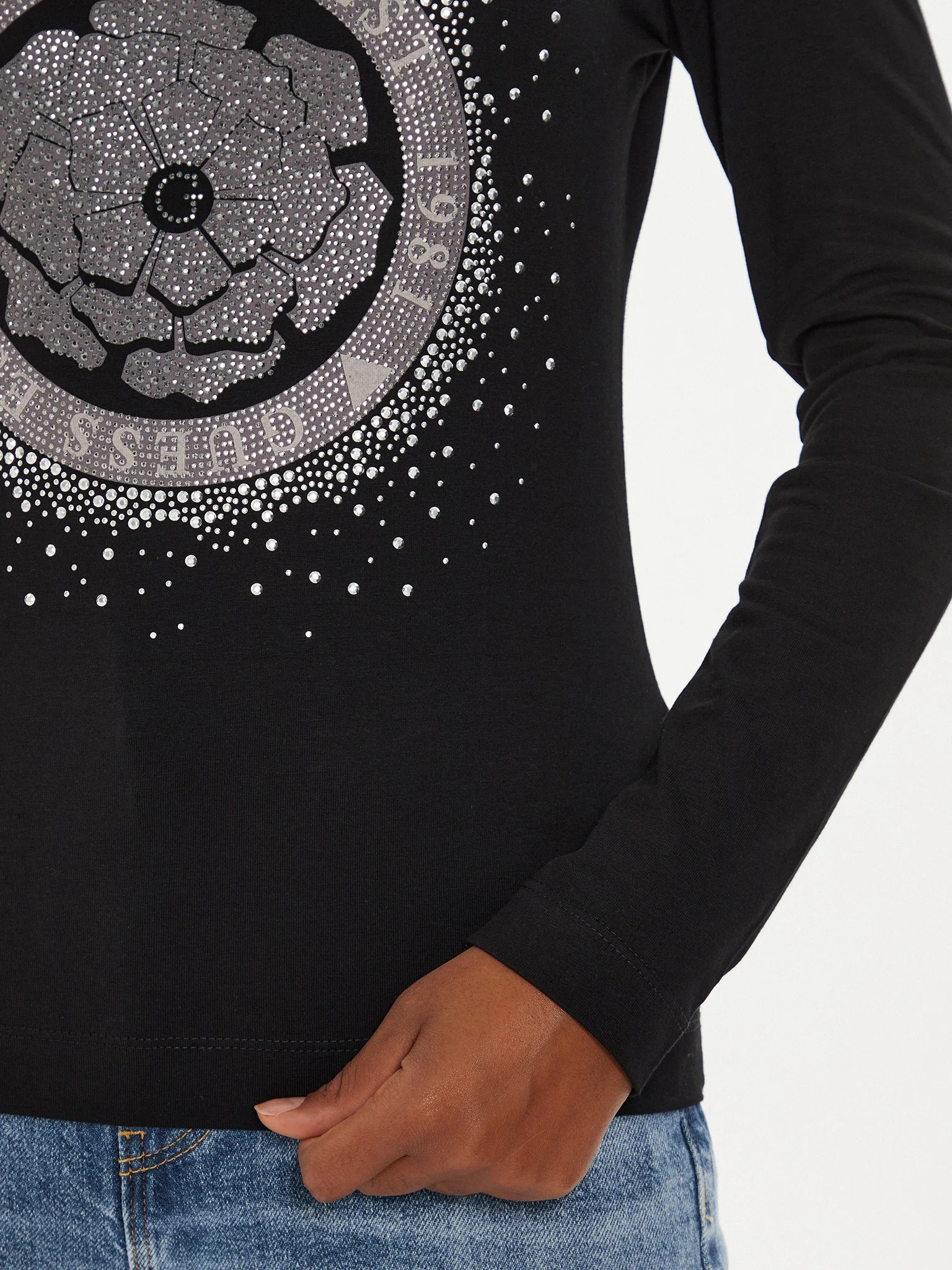 Guess Long Sleeve T-Shirt Con Strass Per Bambine E Ragazze - Cotone Biologico Jersey Elasticizzato
