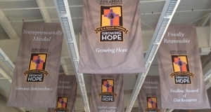 Banners for a college displayed in lobby