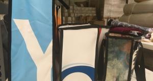 Upcycled banner Tote Bags