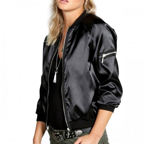 Black Satin Varsity Jacket for Women