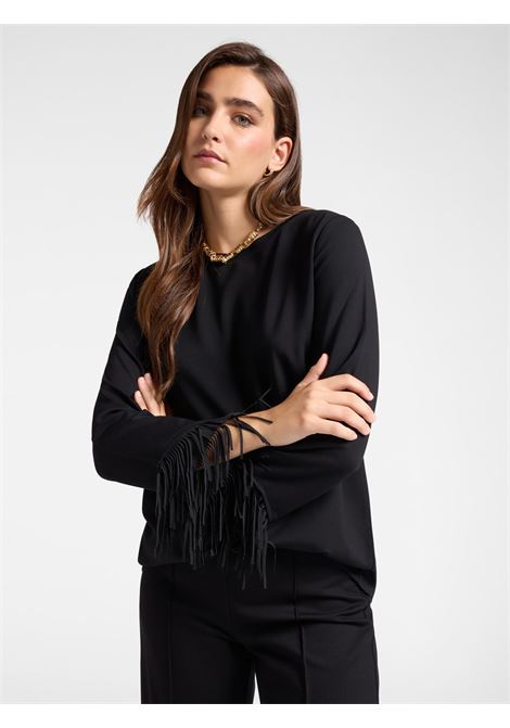 T-shirt Nera in Punto Milano con Maniche 3/4 e Frange in Georgette ELENA MIRO | T-shirt | G290Z000448N033