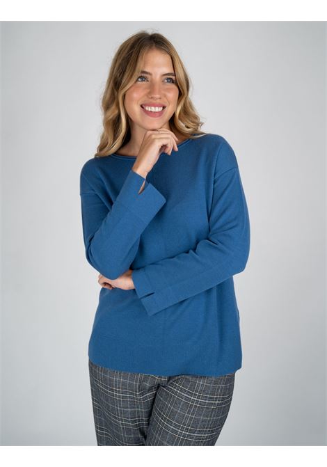 Maglia Blu Boxy a Scollo Barca in Double Lana-Viscosa ELENA MIRO | Maglia | M464Z000597N0A1