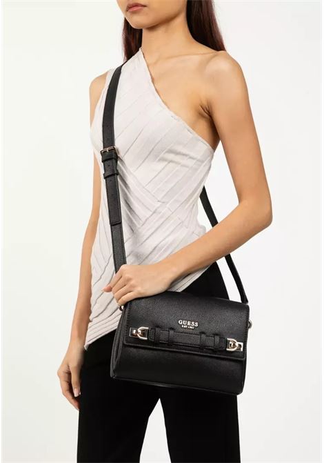 Borsa Gregoria Flap Crossbody Nera in Similpelle con Dettagli Dorati GUESS | Borsa | HWBG8546200BLA