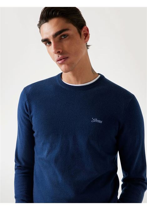 Maglione Blu Daniel in Seta-Lana con Girocollo e Logo Guess bianco GUESS | Maglia | M5YR26Z0122G7V2