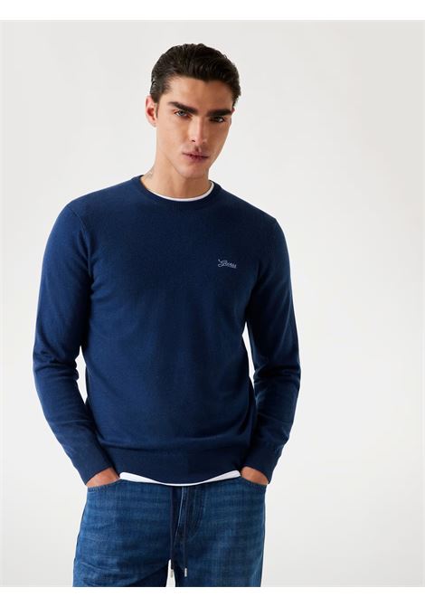 Maglione Blu Daniel in Seta-Lana con Girocollo e Logo Guess bianco GUESS | Maglia | M5YR26Z0122G7V2