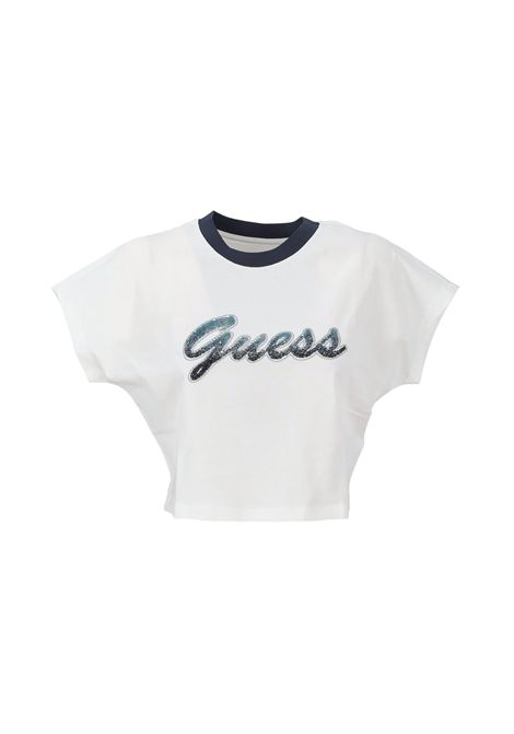 T-shirt Guess donna W6GI31K3224 G011 crop logo con paillettes Purwhite Bianco  GUESS | T-shirt | W6GI31K3224G011