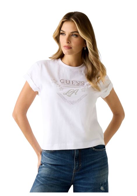 T-shirt Guess donna W6RI30I3Z14 G011 Stars logo con strass White Bianco GUESS | T-shirt | W6RI30I3Z14G011
