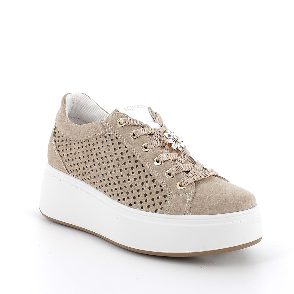 Sneakers Beige con Zeppa, Lacci e Dettaglio Gioiello - IGI&CO