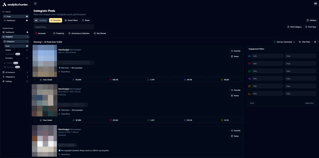 Screenshot of the AnalyticsHunter dashboard showing an overview of social media performance metrics like views, likes, and reach.