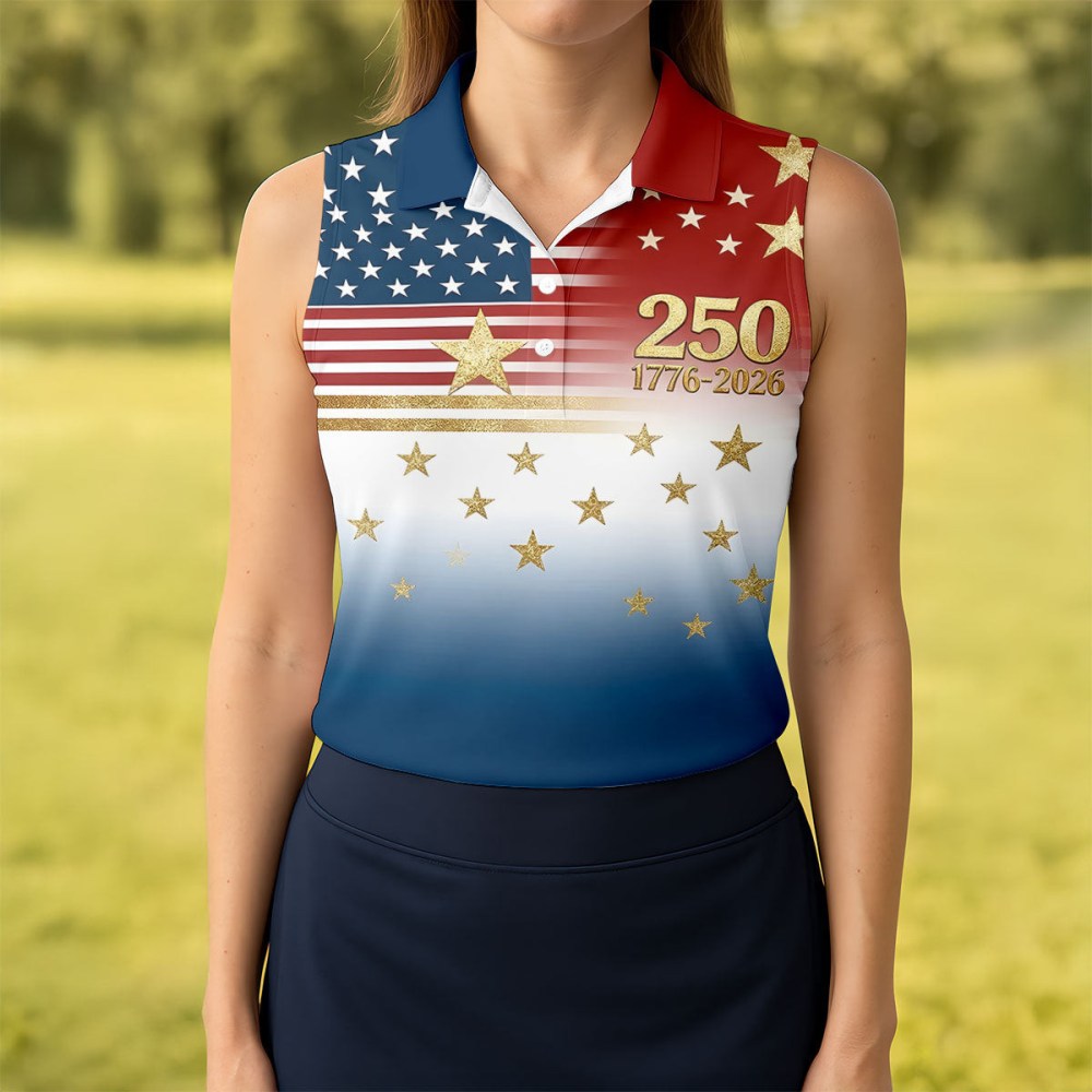 250 Years 1776 2026 Golden Star Sleeveless Polo Shirt US Patriot Clothing Golf Related Gifts