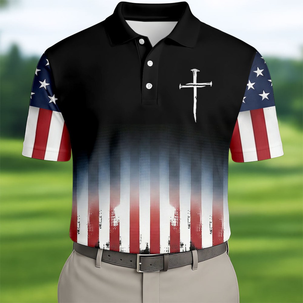 250Th USA Anniversary Faith Cross Golf Polo Shirt 4Th Of July Golf Shirt Golf Gifts For Men