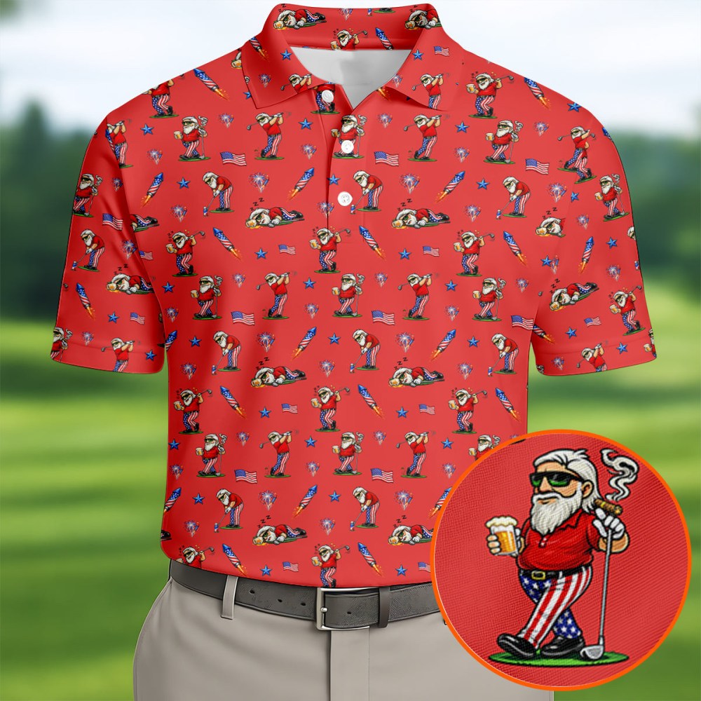 4th Of July Funny Man Golf And Beer Polo Shirt Golf Clothing Present For Dad Birthday