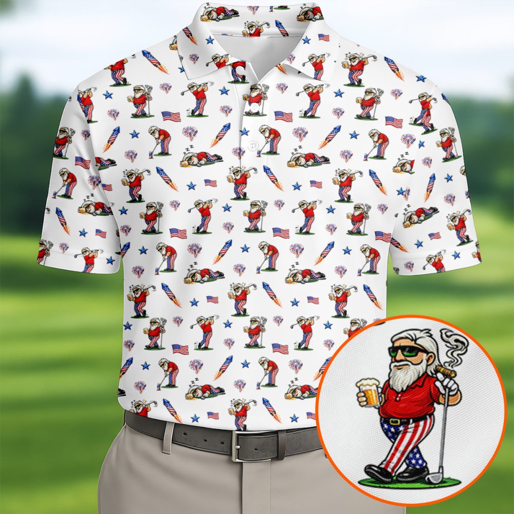 4th Of July Funny Man Golf And Beer USA Polo Shirt Best Golf Apparel Present For Patriotic Dad