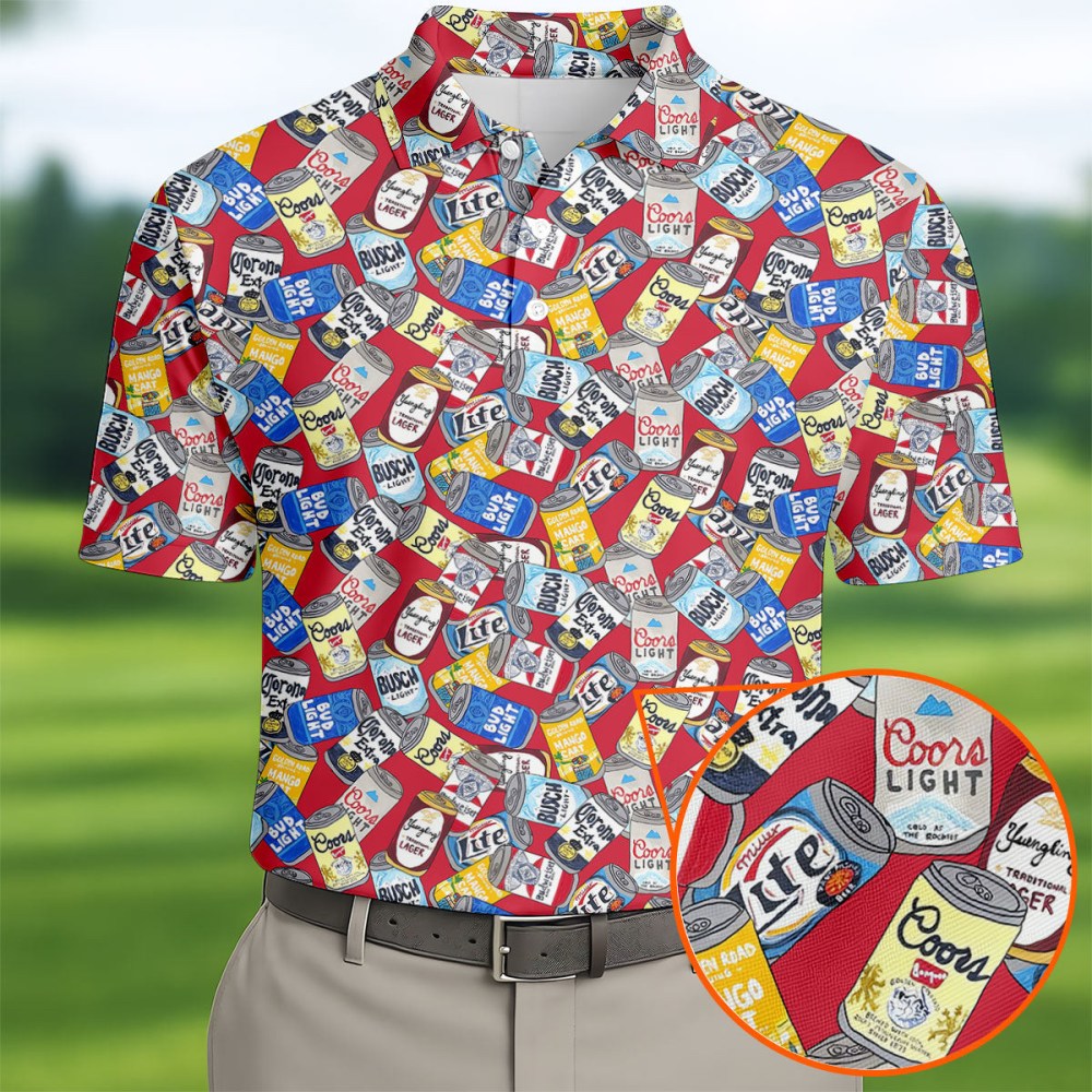 American Beer Cans Red Golf Polo Shirt Best Golf Attire Present Idea For Father's Day