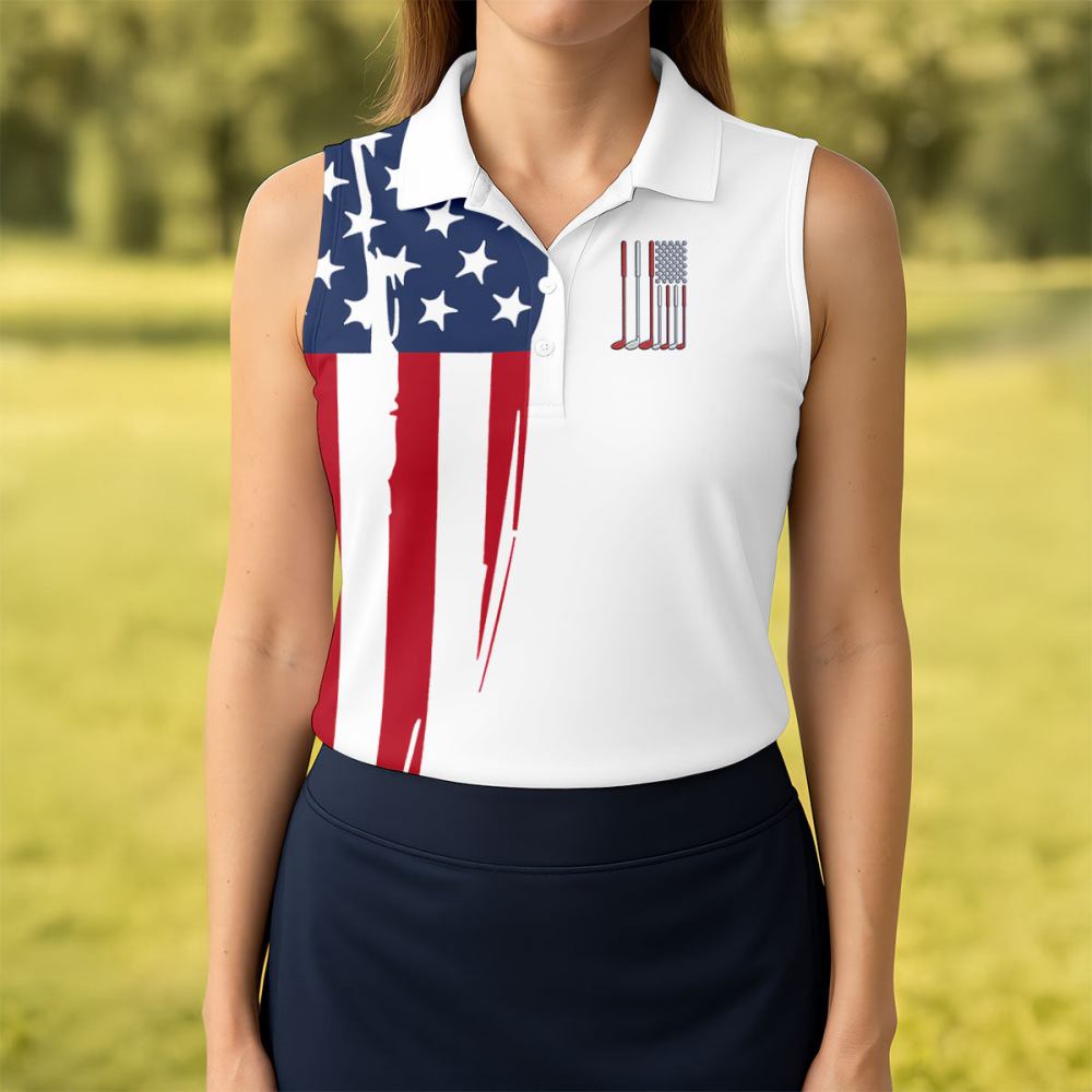 American Flag Sleeveless Polo Shirt Patriot Golf Shirts Gifts For Female Golfers