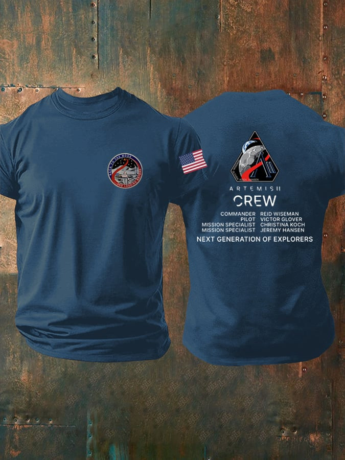 Artemis II Crew T-Shirt NASA 2026 Moon Mission With US Flag Apparel Space Exploration Gift